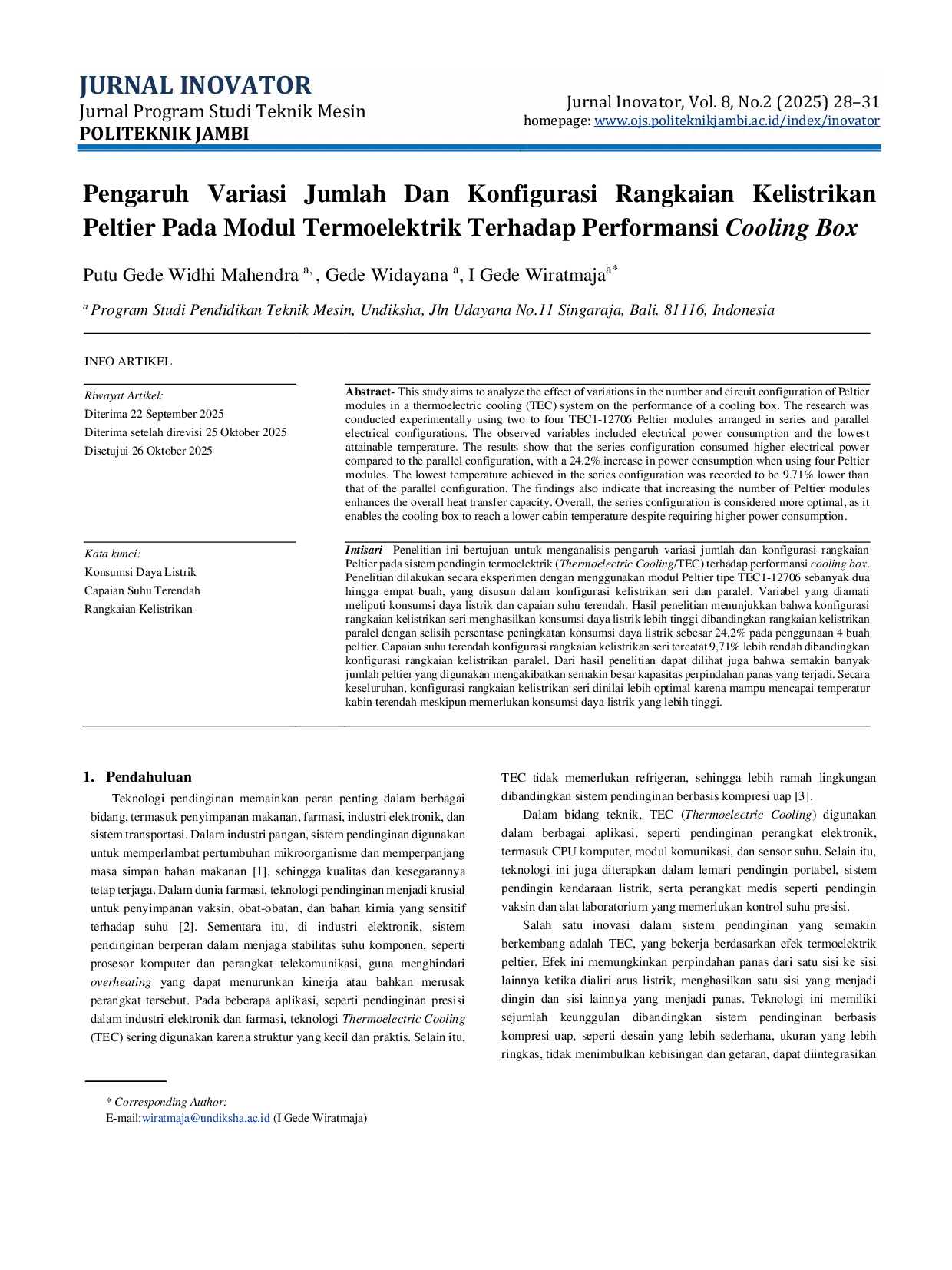 JURIS Pengaruh Variasi Jumlah Dan Konfigurasi Rangkaian Kelistrikan Peltier Pada Modul Termoelektrik Terhadap Performansi Cooling Box