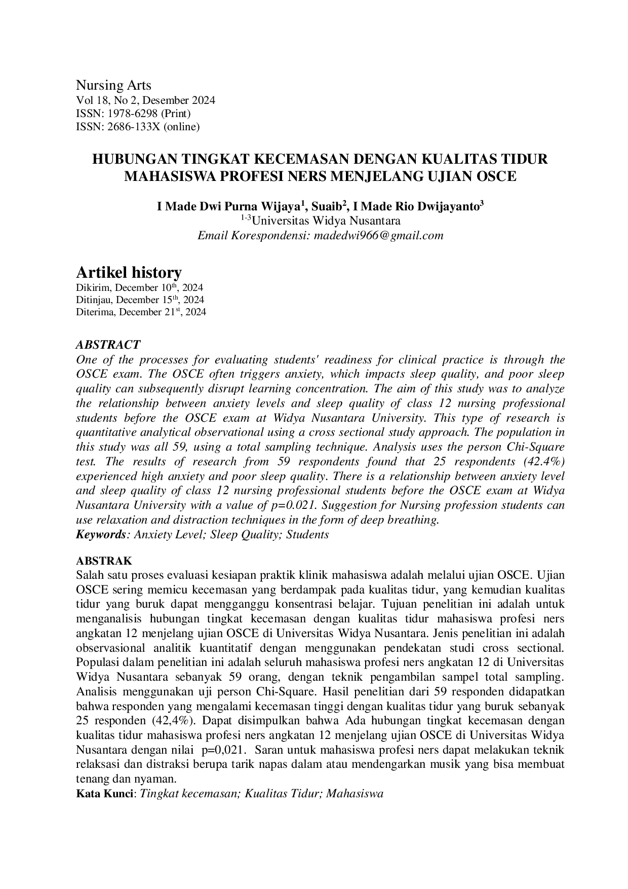 JURIS Hubungan Tingkat Kecemasan Dengan Kualitas Tidur Mahasiswa Profesi Ners Menjelang Ujian Osce
