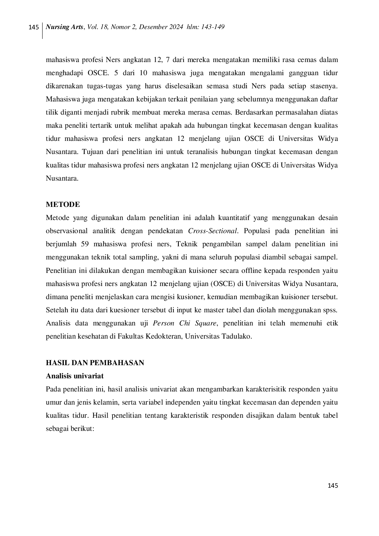 JURIS Hubungan Tingkat Kecemasan Dengan Kualitas Tidur Mahasiswa Profesi Ners Menjelang Ujian Osce