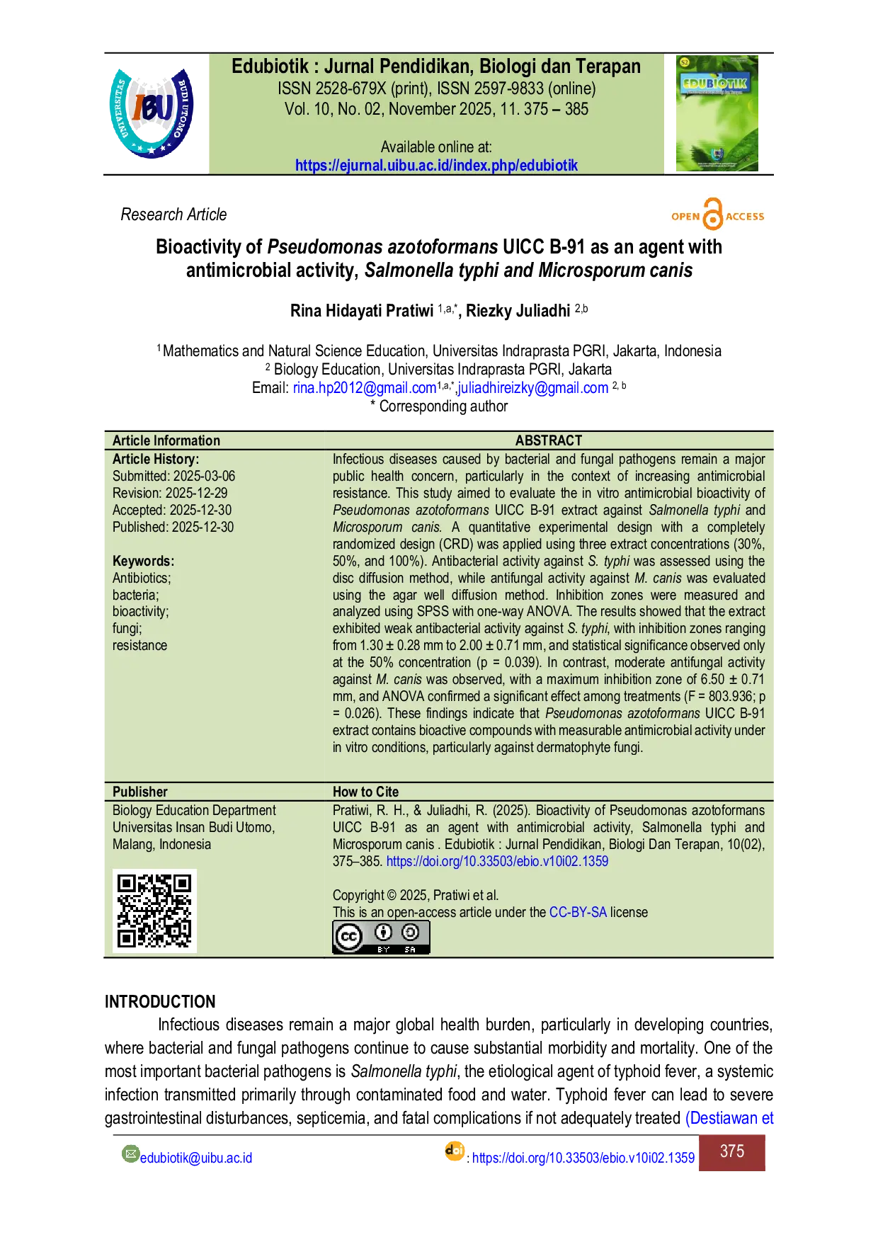 JURIS Bioactivity Of Pseudomonas Azotoformans UICC B 91 As An Agent With Antimicrobial Activity Salmonella Typhi And Microsporum Canis