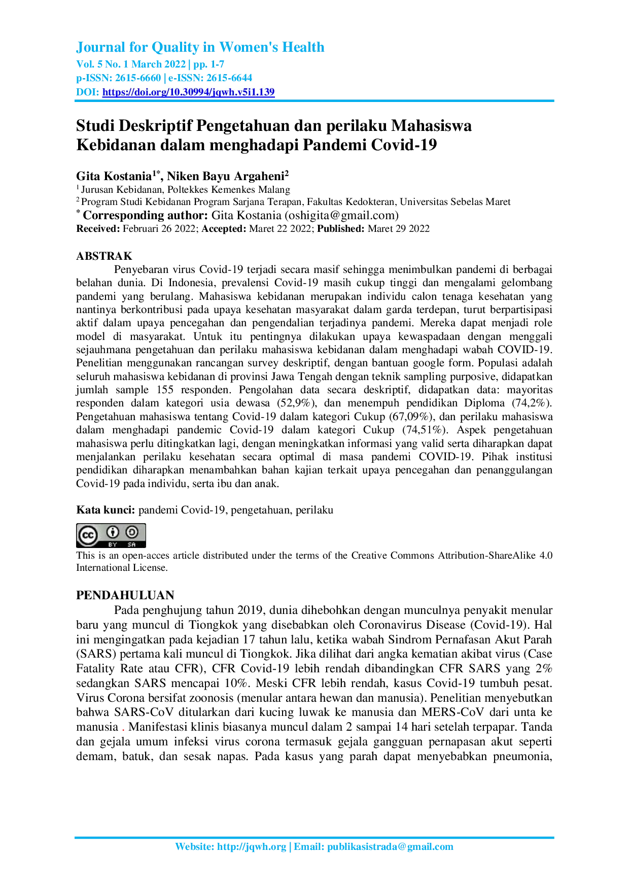 JURIS Studi Deskriptif Pengetahuan dan perilaku Mahasiswa Kebidanan dalam menghadapi Pandemi Covid 19