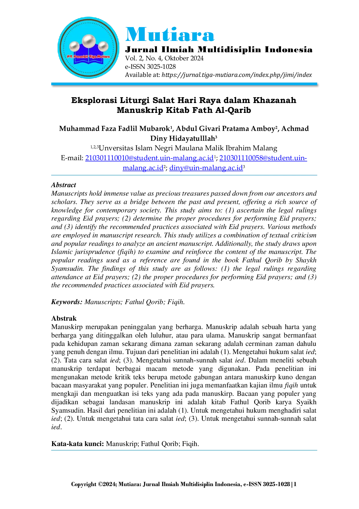 JURIS Eksplorasi Liturgi Salat Hari Raya dalam Khazanah Manuskrip Kitab Fath Al Qarib