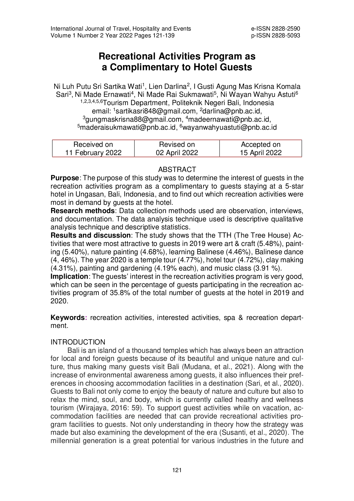 JURIS Recreational Activities Program as a Complimentary to Hotel Guests