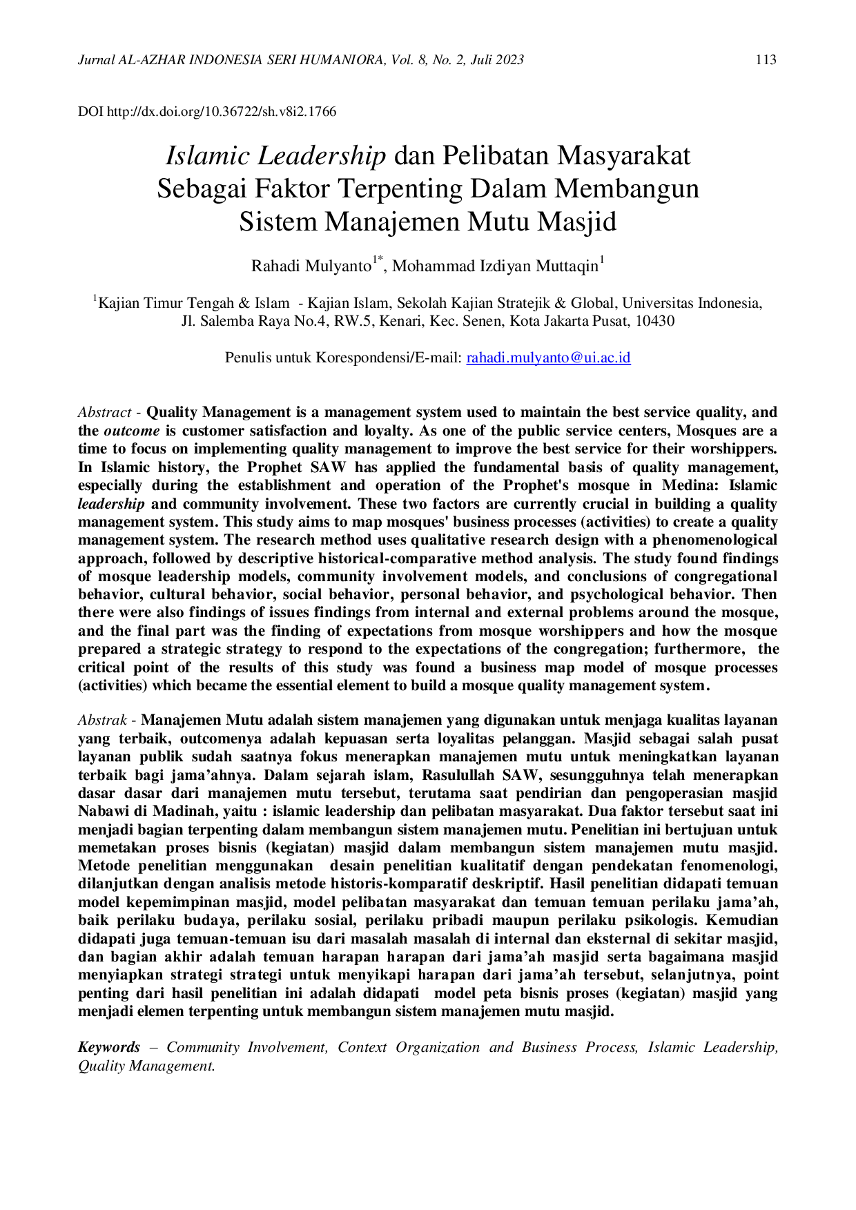 JURIS Islamic Leadership dan Pelibatan Masyarakat Sebagai Faktor Terpenting Dalam Membangun Sistem Manajemen Mutu Masjid