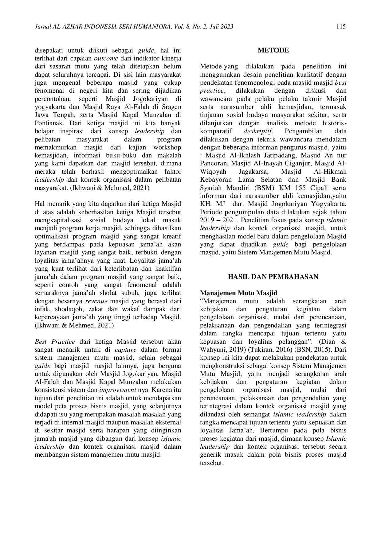 JURIS Islamic Leadership dan Pelibatan Masyarakat Sebagai Faktor Terpenting Dalam Membangun Sistem Manajemen Mutu Masjid