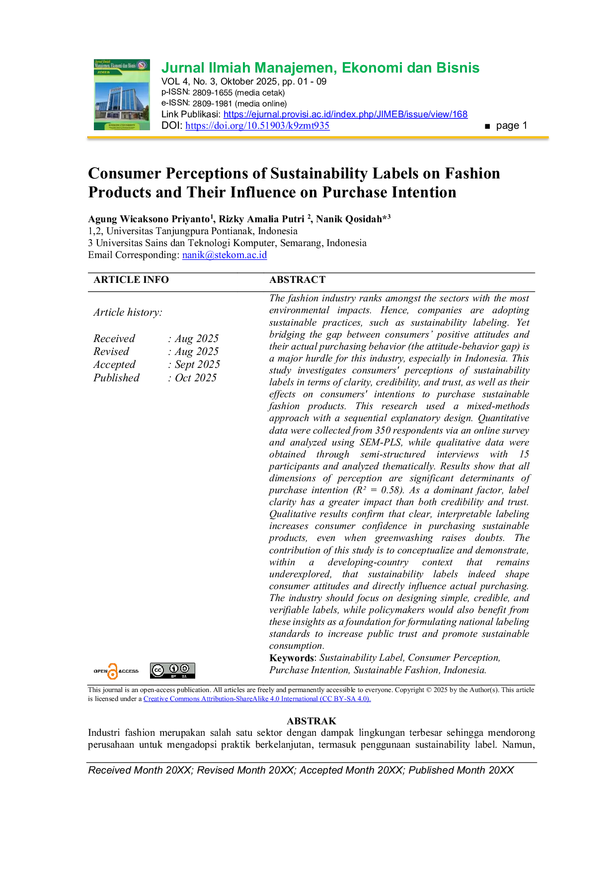 JURIS Consumer Perceptions of Sustainability Labels on Fashion Products and Their Influence on Purchase Intention