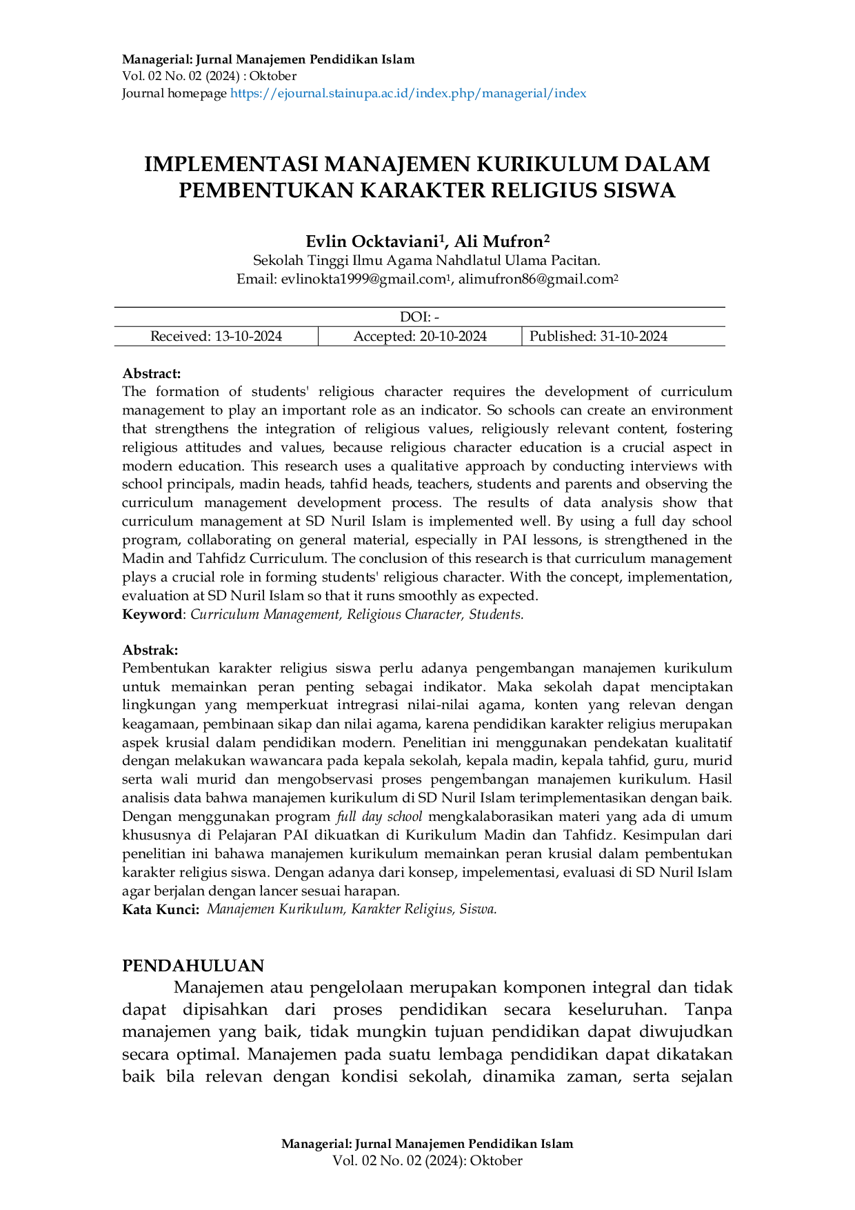 JURIS Implementasi Manajemen Kurikulum Dalam Pembentukan Karakter Religius Siswa