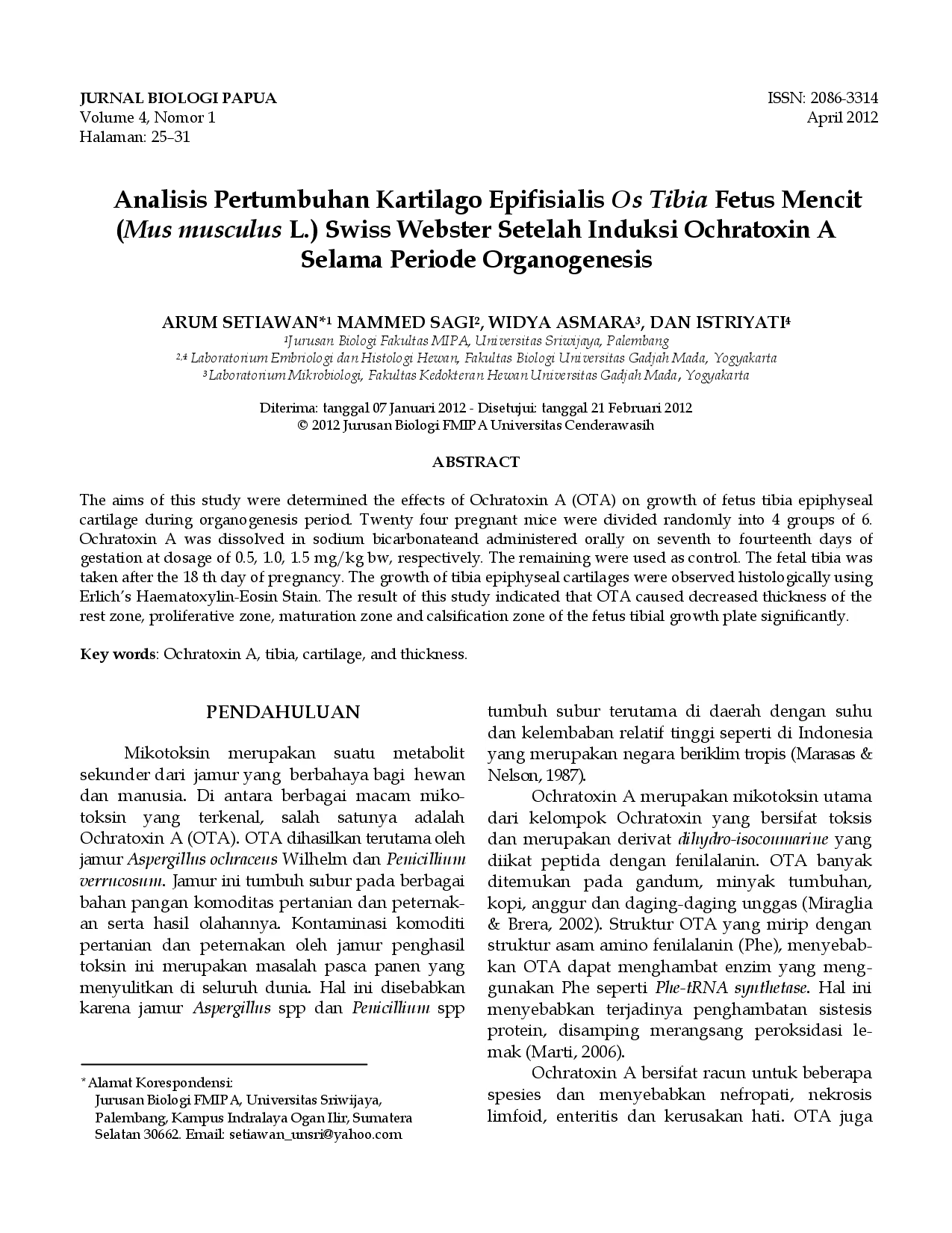 juris Analisis Pertumbuhan Kartilago Epifisialis Os Tibia Fetus Mencit Mus musculus L Swiss Webster Setelah Induksi Ochratoxin A Selama Periode Organogenesis