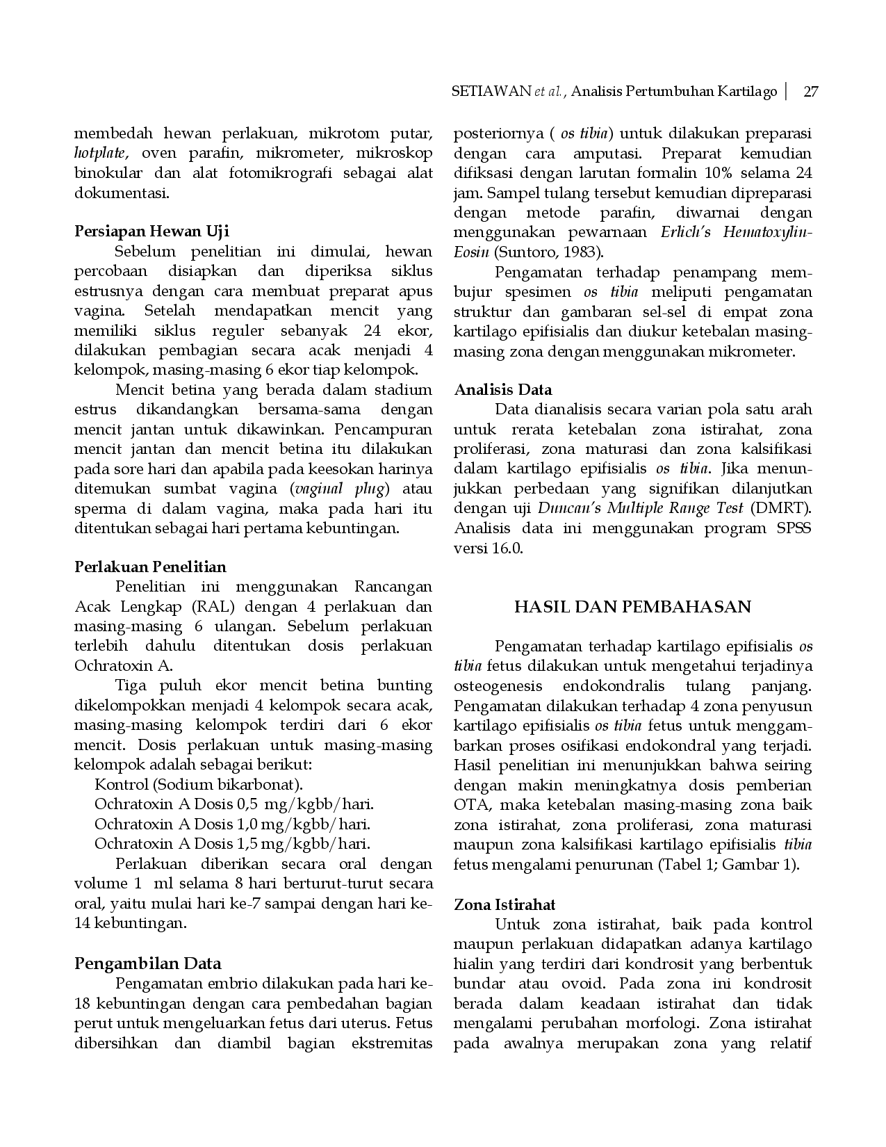 juris Analisis Pertumbuhan Kartilago Epifisialis Os Tibia Fetus Mencit Mus musculus L Swiss Webster Setelah Induksi Ochratoxin A Selama Periode Organogenesis