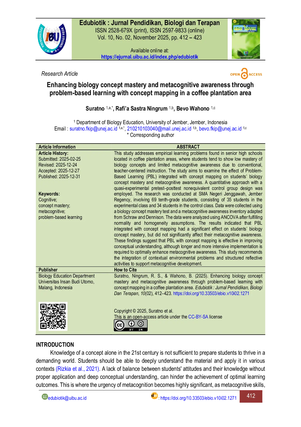 JURIS Enhancing Biology Concept Mastery and Metacognitive Awareness Through Problem Based Learning with Concept Mapping in a Coffee Plantation Area