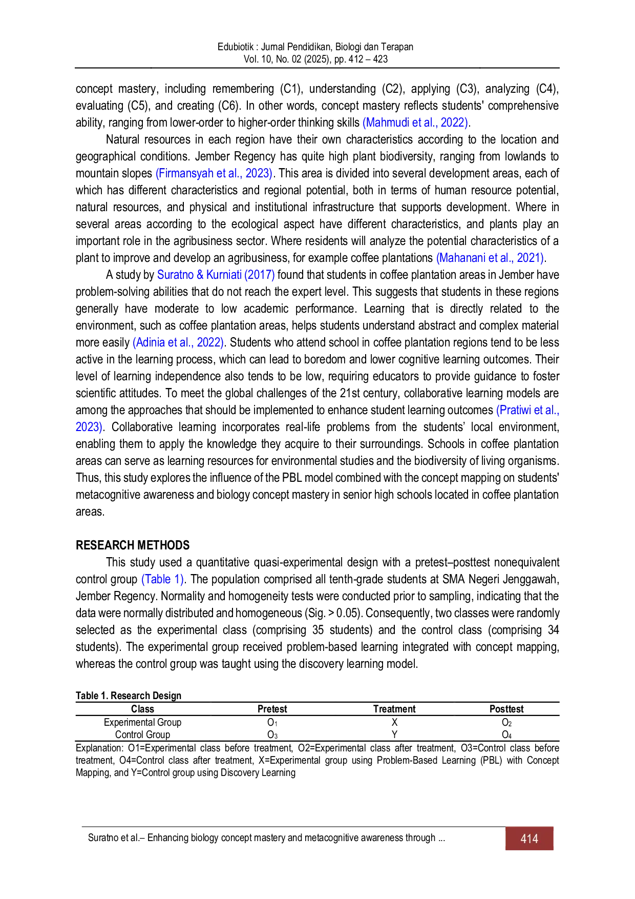 JURIS Enhancing Biology Concept Mastery and Metacognitive Awareness Through Problem Based Learning with Concept Mapping in a Coffee Plantation Area