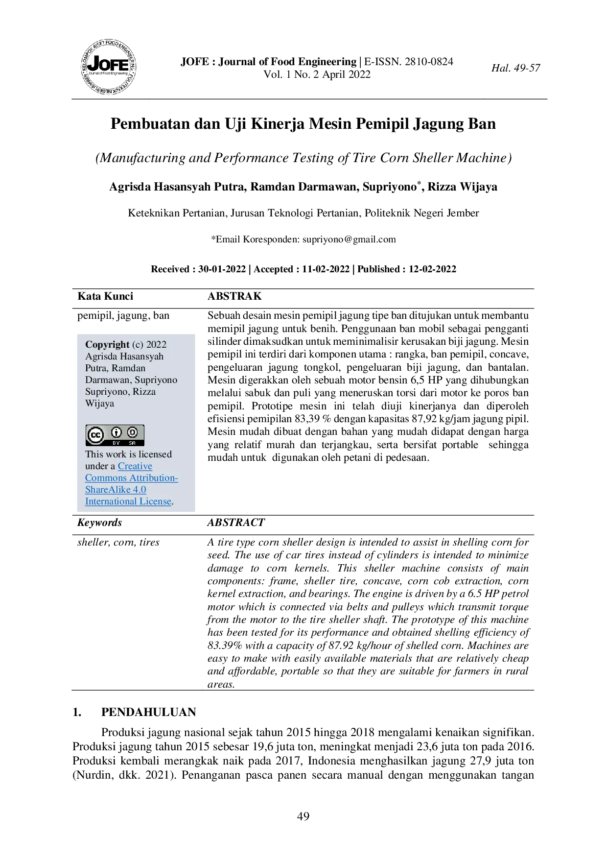 juris Pembuatan dan Uji Kinerja Mesin Pemipil Jagung Ban
