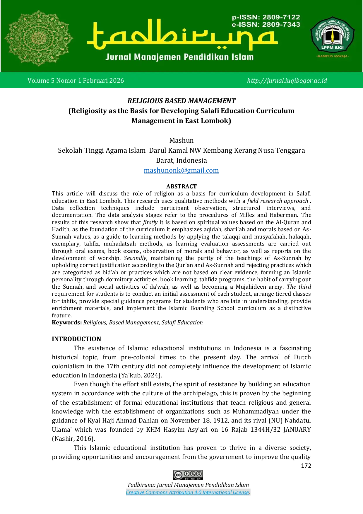 JURIS RELIGIOUS BASED MANAGEMENT Religiosity as the Basis for Developing Salafi Education Curriculum Management in East Lombok