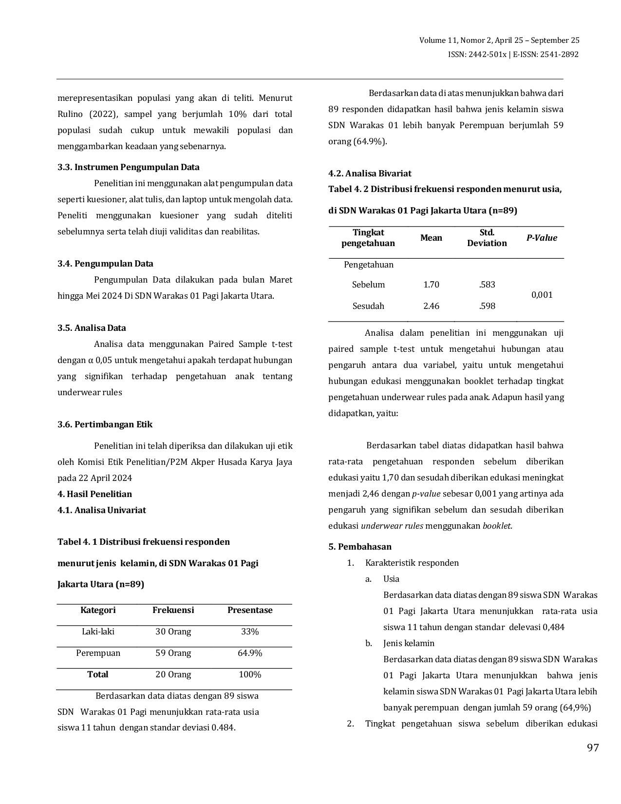 JURIS Hubungan Edukasi Menggunakan Booklet Terhadap Tingkat Pengetahuan Underwear Rules Pada Anak Di Sdn Warakas 01 Pagi Jakarta Utara