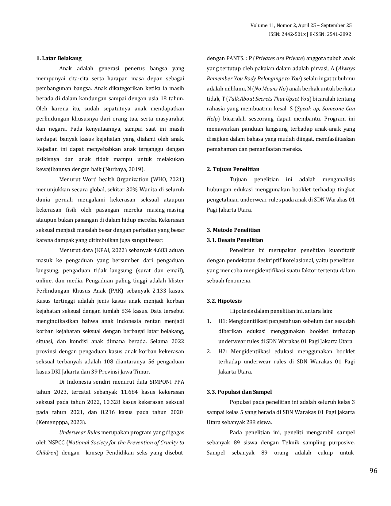 JURIS Hubungan Edukasi Menggunakan Booklet Terhadap Tingkat Pengetahuan Underwear Rules Pada Anak Di Sdn Warakas 01 Pagi Jakarta Utara