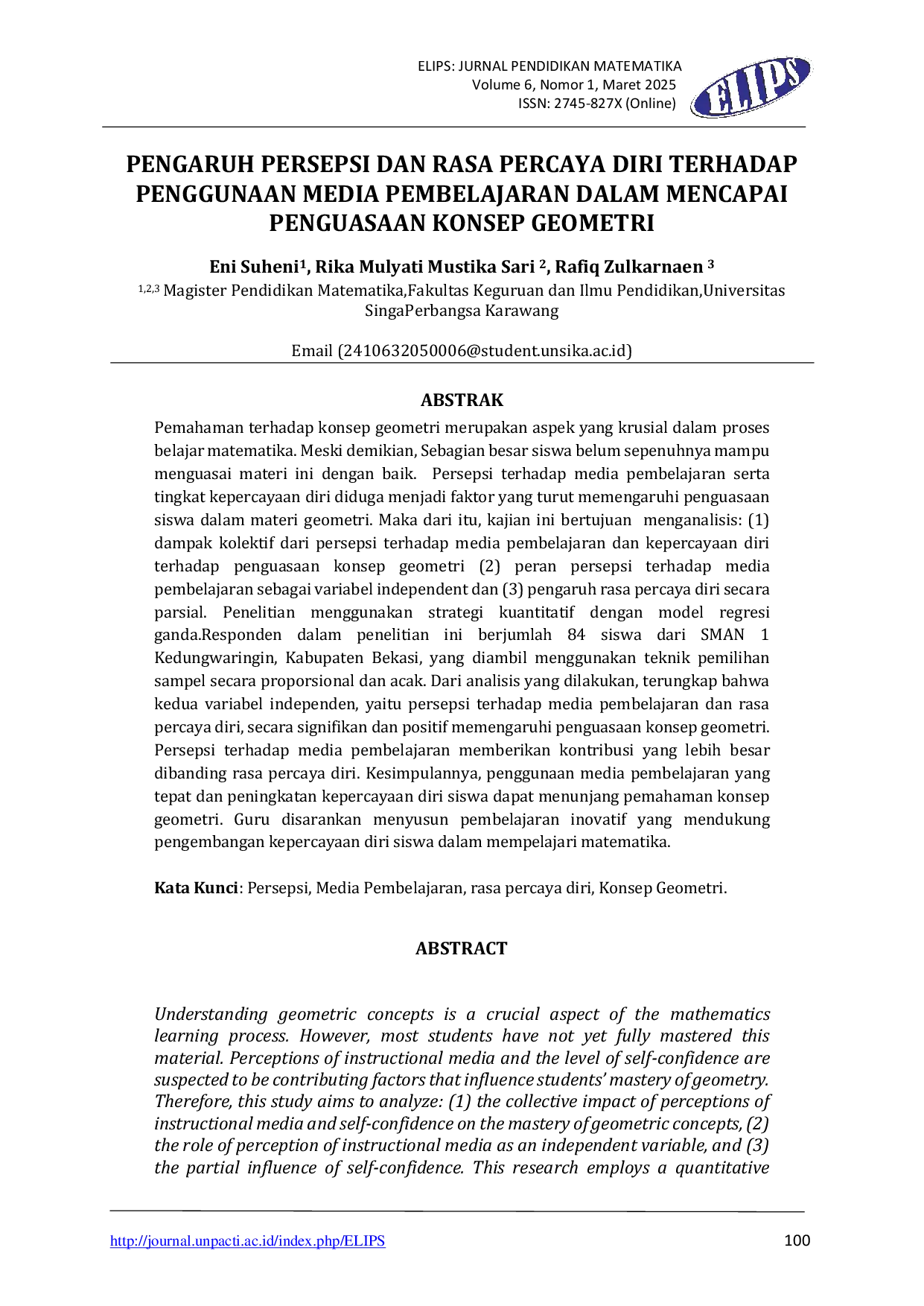 JURIS Pengaruh Persepsi dan Rasa Percaya Diri Terhadap Penggunaan Media Pembelajaran Dalam Mencapai Penguasaan Konsep Geometri