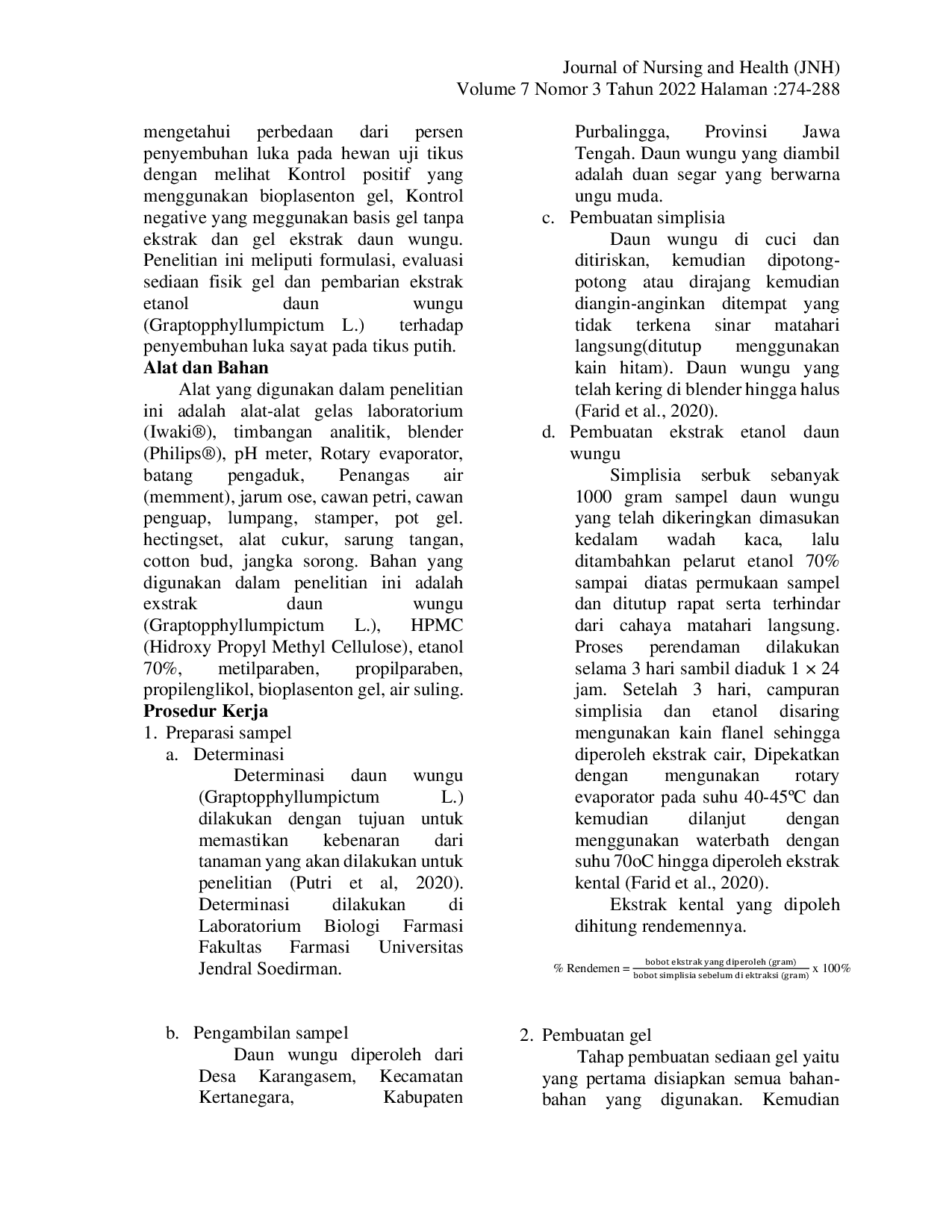 JURIS Formulasi Dan Evaluasi Sifat Fisik Sediaan Gel Ekstrak Etanol Daun Wungu Graptopphyllumpictum L Sebagai Penyembuhan Luka Sayat Pada Tikus Putih