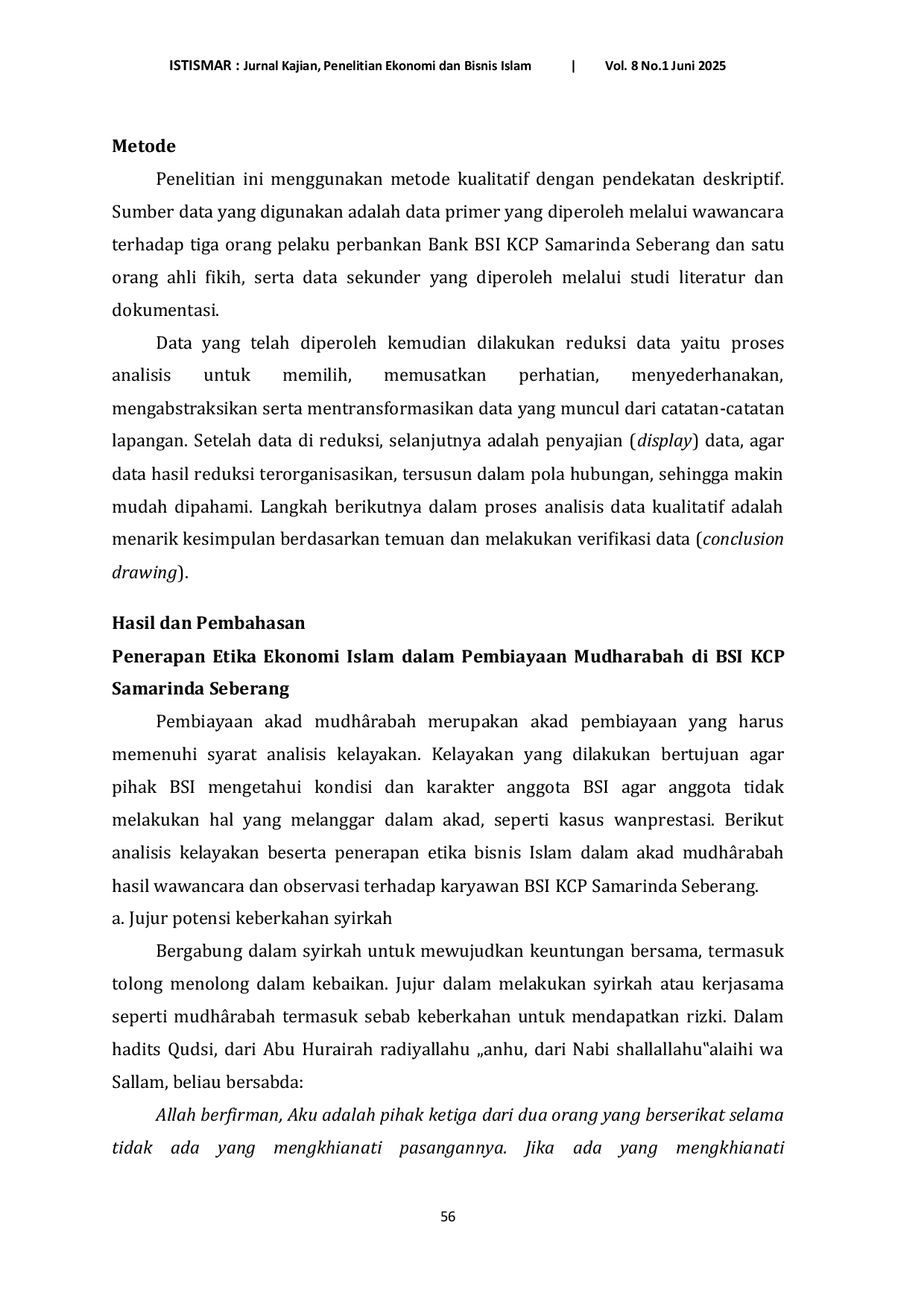 JURIS Penerapan Etika Ekonomi Islam di Bank Syariah Indonesia BSI KCP Samarinda Seberang