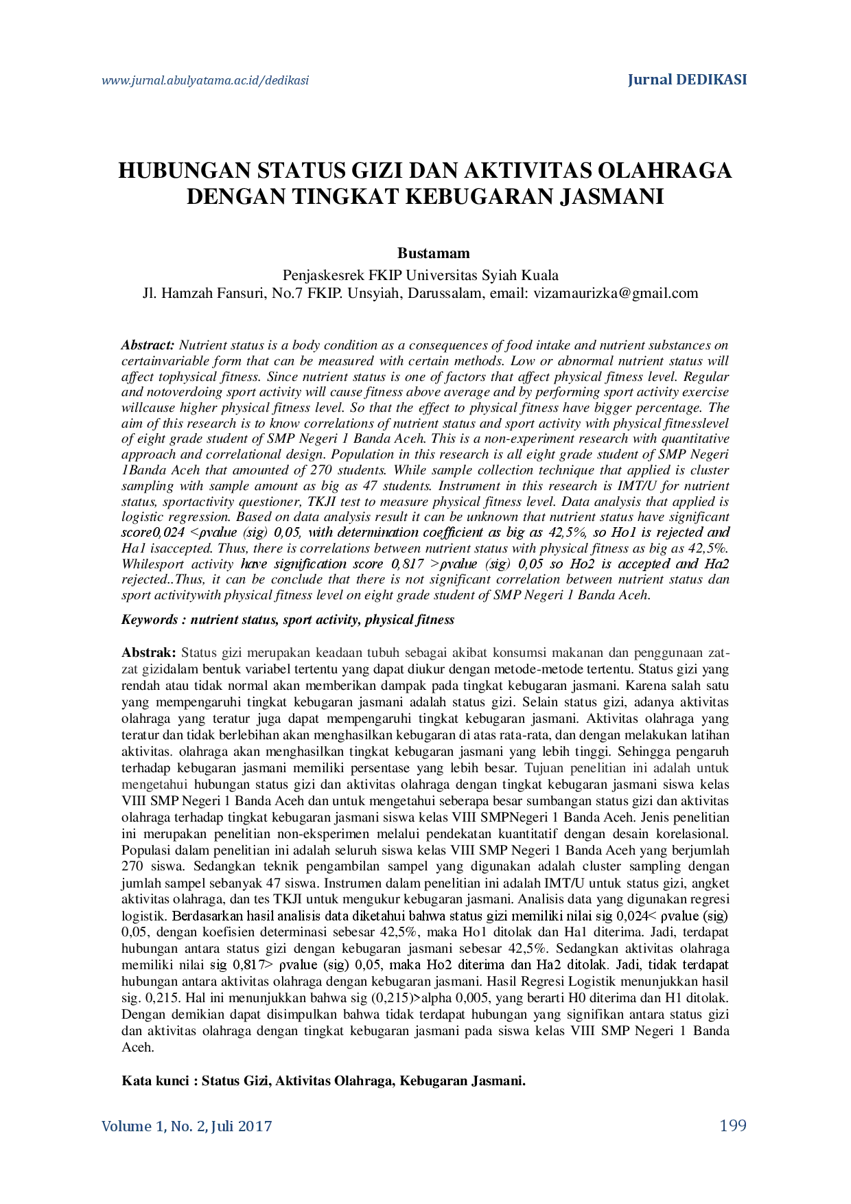 juris Hubungan Status Gizi Dan Aktivitas Olahraga Dengan Tingkat Kebugaran Jasmani