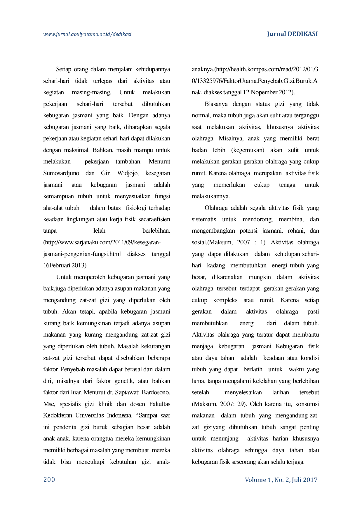 juris Hubungan Status Gizi Dan Aktivitas Olahraga Dengan Tingkat Kebugaran Jasmani