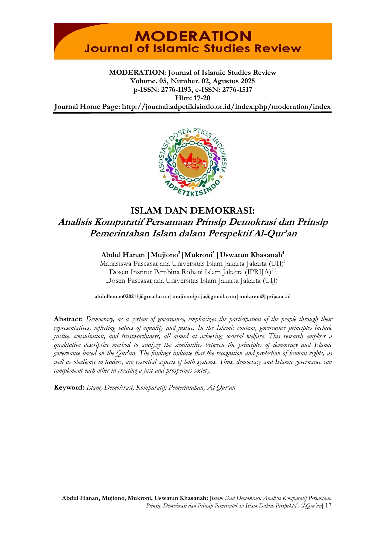 JURIS ISLAM DAN DEMOKRASI Analisis Komparatif Persamaan Prinsip Demokrasi dan Prinsip Pemerintahan Islam dalam Perspektif Al Qur an