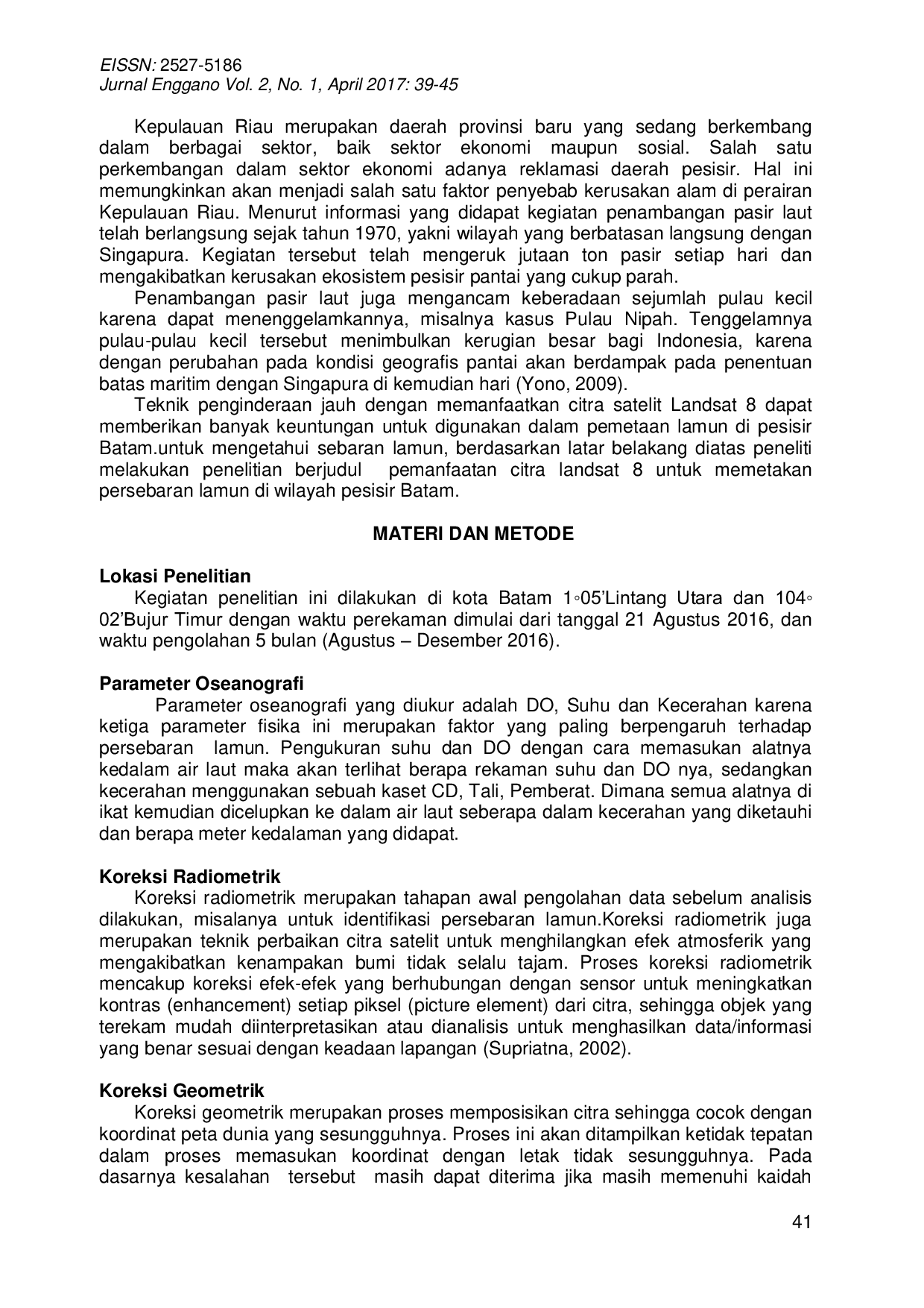 JURIS Pemanfaatan Citra Landsat 8 Untuk Memetakan Persebaran Lamun Di Wilayah Pesisir Pulau Batam