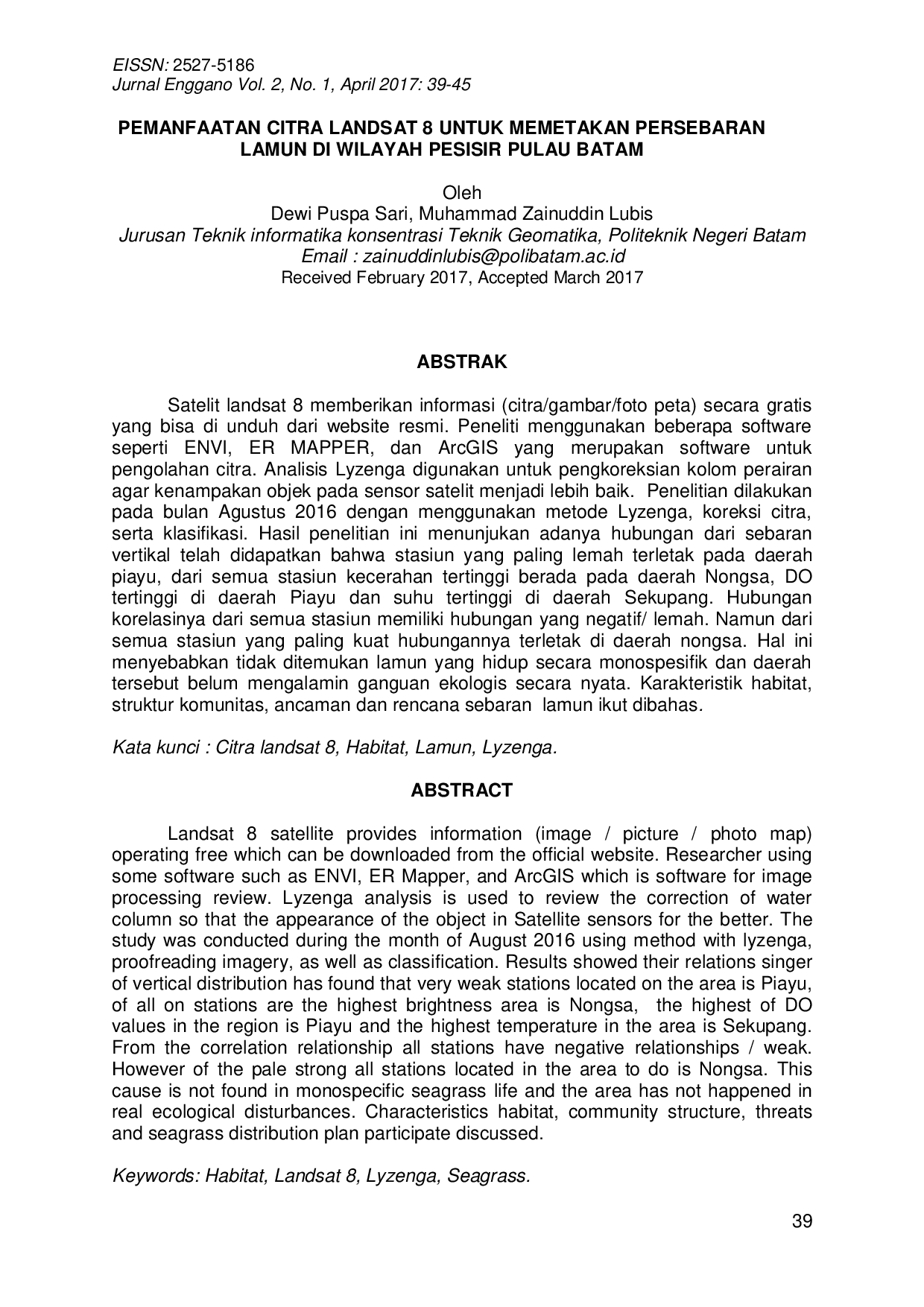 JURIS Pemanfaatan Citra Landsat 8 Untuk Memetakan Persebaran Lamun Di Wilayah Pesisir Pulau Batam