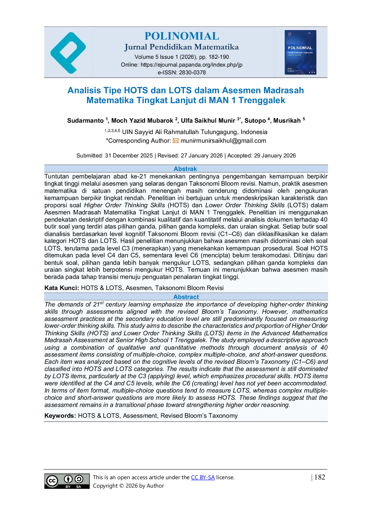 JURIS Analisis Tipe HOTS dan LOTS dalam Asesmen Madrasah Matematika Tingkat Lanjut di MAN 1 Trenggalek