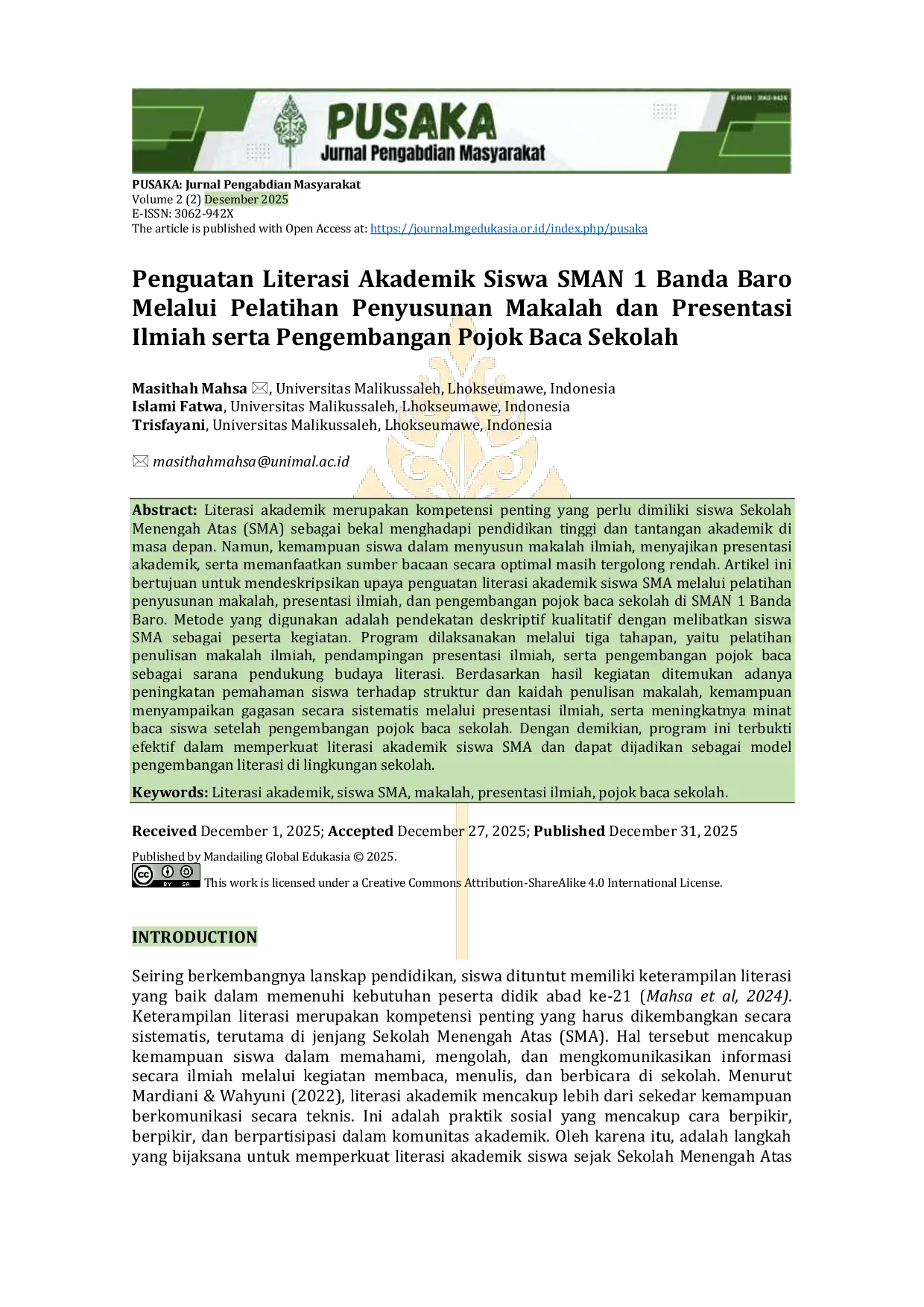 JURIS Penguatan Literasi Akademik Siswa SMAN 1 Banda Baro Melalui Pelatihan Penyusunan Makalah dan Presentasi Ilmiah serta Pengembangan Pojok Baca Sekolah