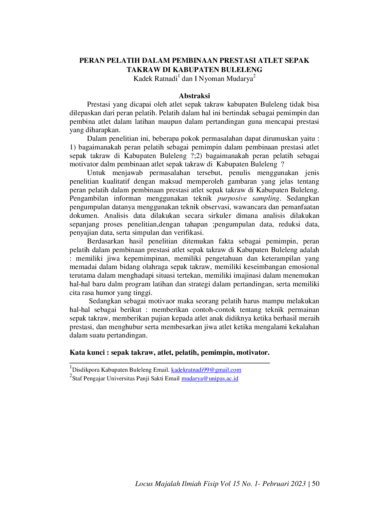 JURIS Peran Pelatih Dalam Pembinaan Prestasi Atlet Sepak Takraw Di Kabupaten Buleleng