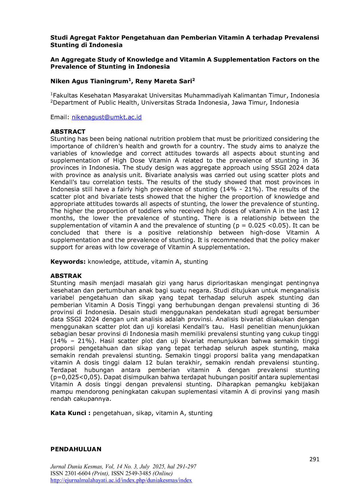 JURIS Studi Agregat Faktor Pengetahuan dan Pemberian Vitamin A terhadap Prevalensi Stunting di Indonesia