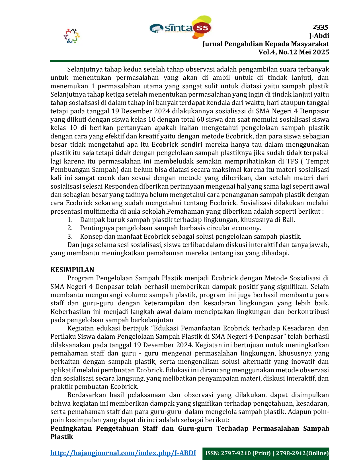 JURIS Peran dan Dampak Ecobrick Terhadap Kesadaran Staf Sekolah dalam Pengelolaan Sampah Plastik di SMA Negeri 4 Denpasar