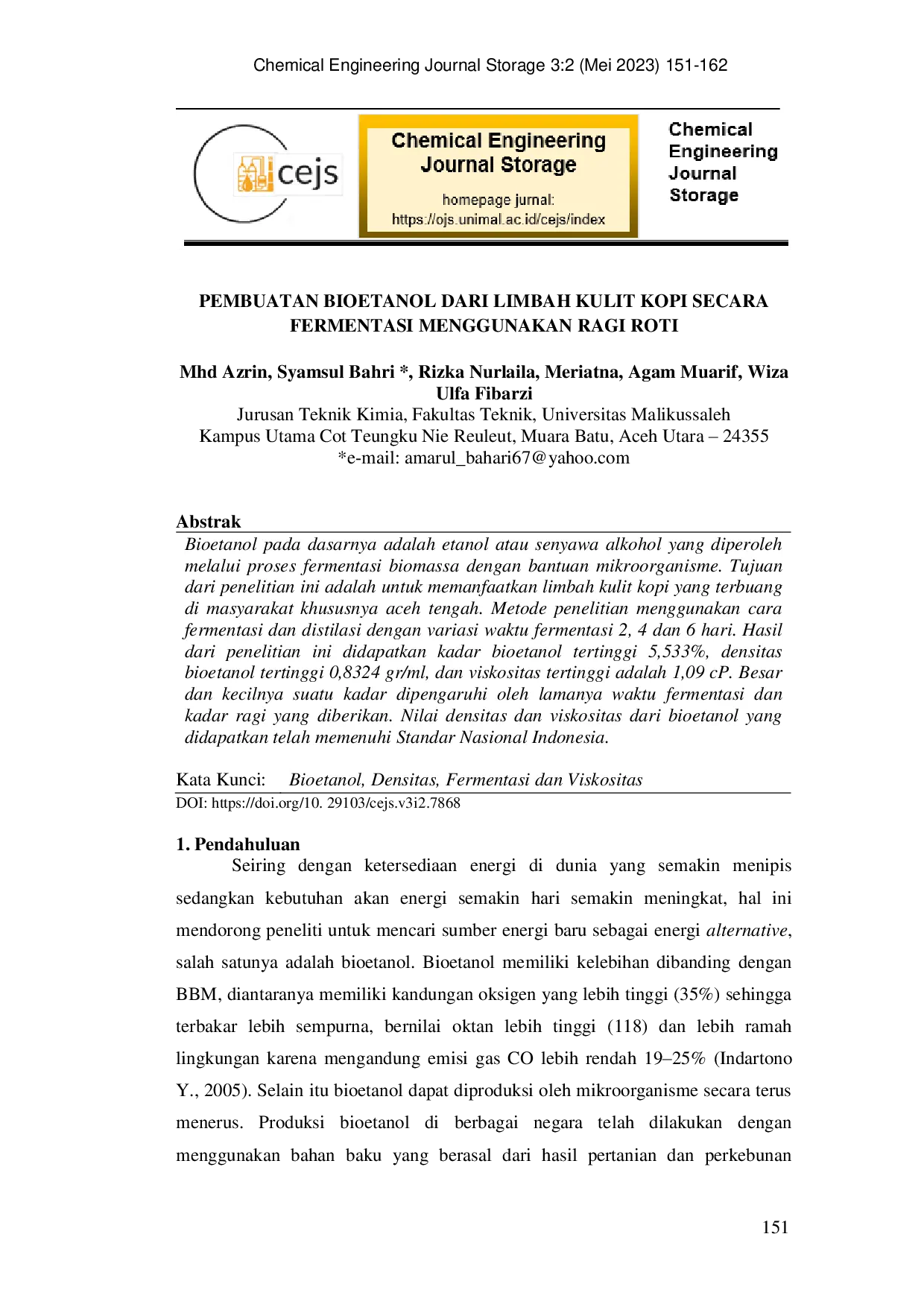 JURIS Pembuatan Bioetanol dari Limbah Kulit Kopi Secara Fermentasi Menggunakan Ragi Roti