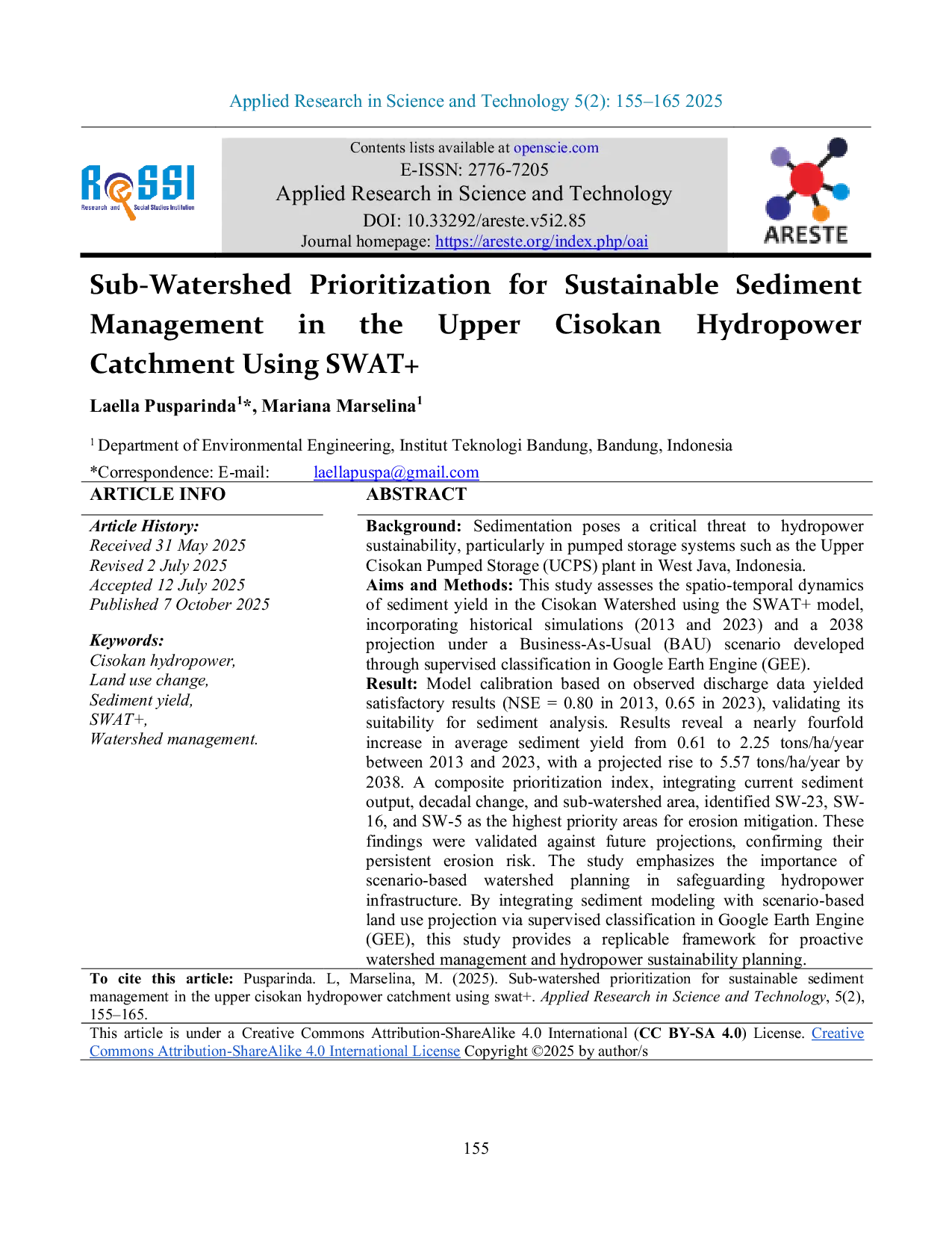 JURIS Sub Watershed Prioritization for Sustainable Sediment Management in the Upper Cisokan Hydropower Catchment Using SWAT