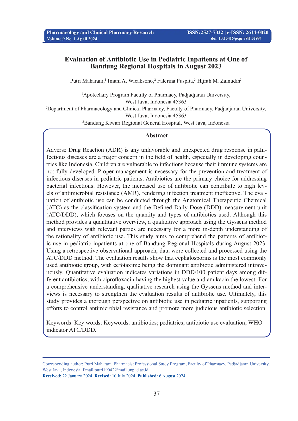 JURIS Evaluation of Antibiotic Use in Pediatric Inpatients at one of Bandung Regional Hospitals in August 2023