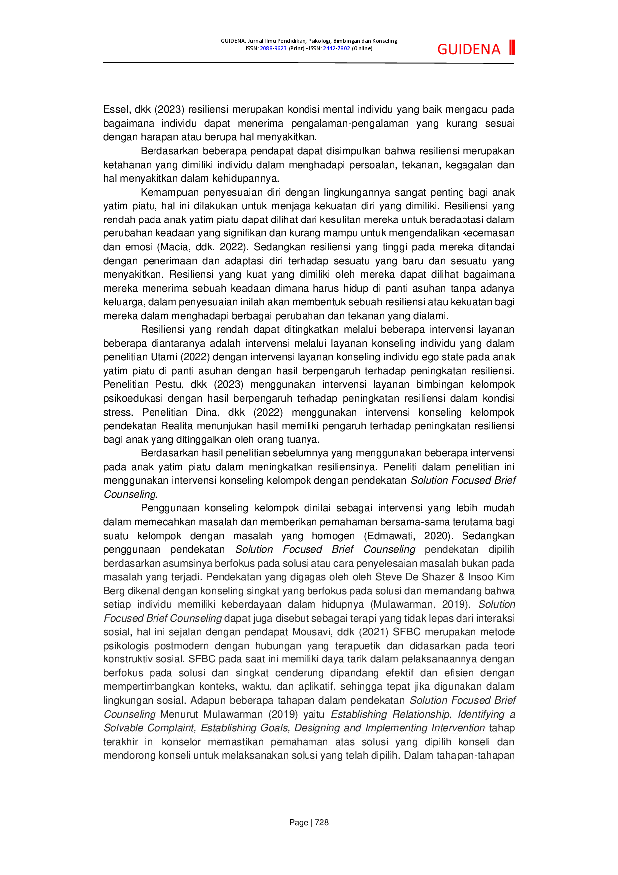 juris Efektifitas Konseling Kelompok Pendekatan SFBC untuk Meningkatkan Resiliensi Yatim Piatu di Panti Asuhan Gatot Soebroto Kota Semarang