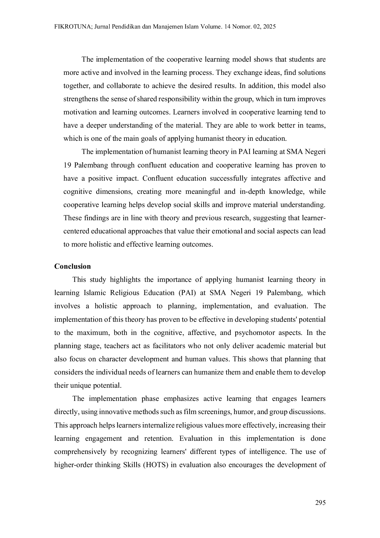 JURIS Implementation of Humanist Learning Theory in Islamic Education Learning at SMA Negeri 19 Palembang