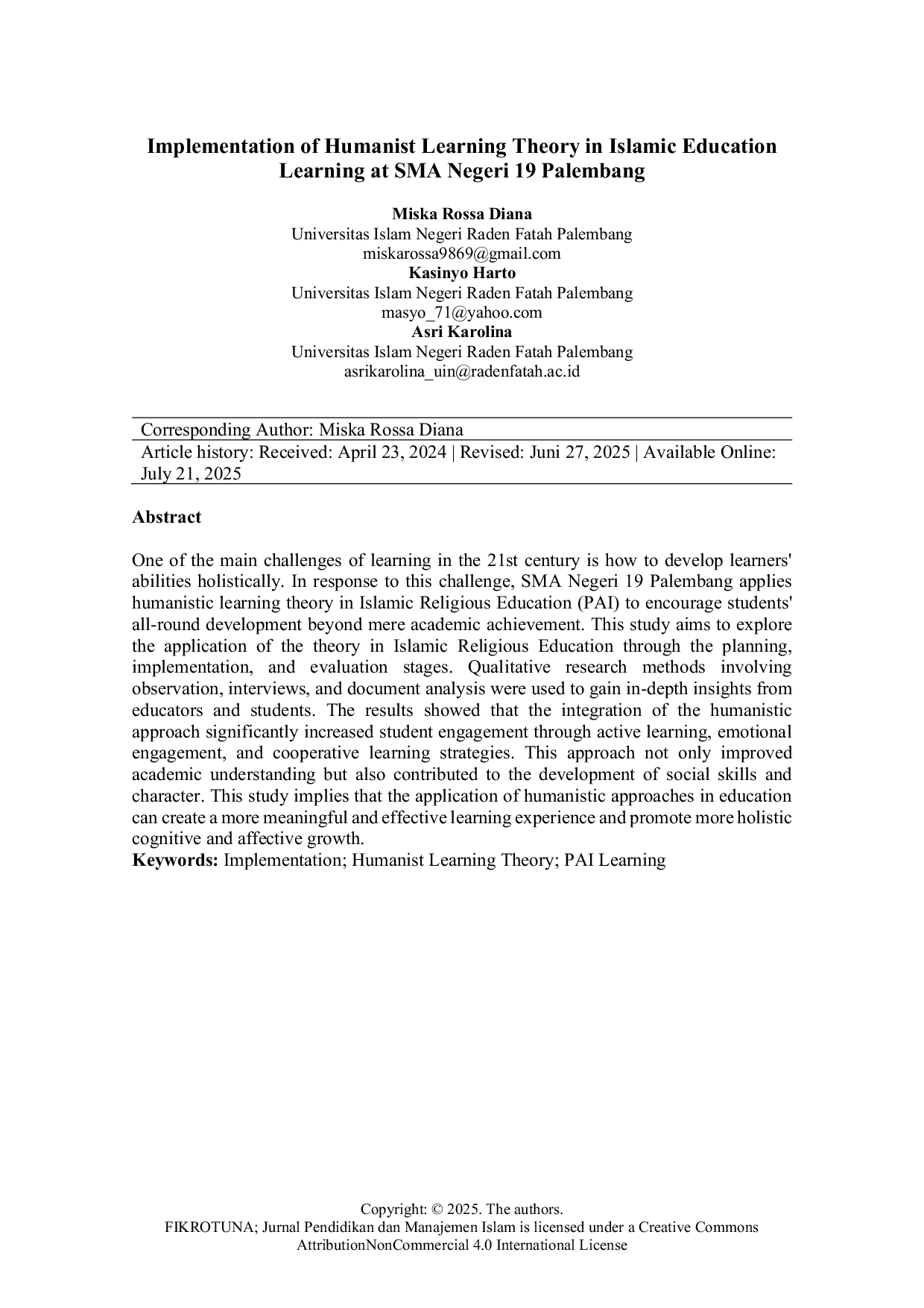 JURIS Implementation of Humanist Learning Theory in Islamic Education Learning at SMA Negeri 19 Palembang