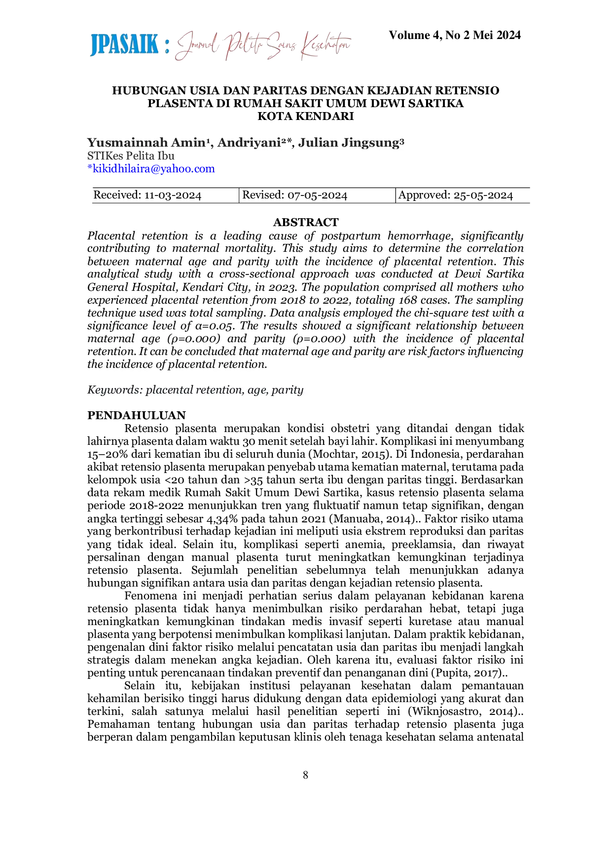 JURIS Hubungan Usia Dan Paritas Dengan Kejadian Retensio Plasenta Di Rumah Sakit Umum Dewi Sartika Kota Kendari