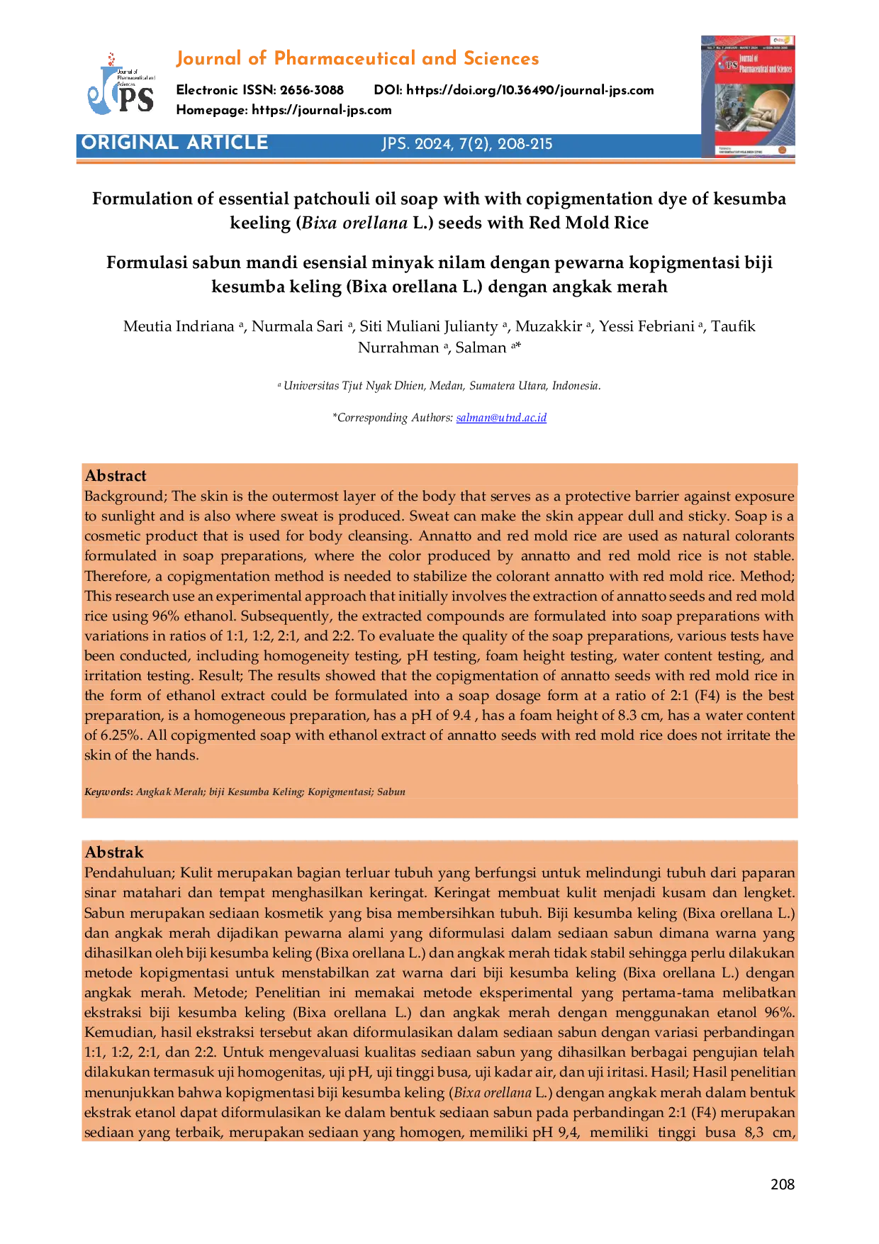JURIS Formulasi sabun mandi esensial minyak nilam dengan pewarna kopigmentasi biji kesumba keling Bixa orellana L dengan angkak merah