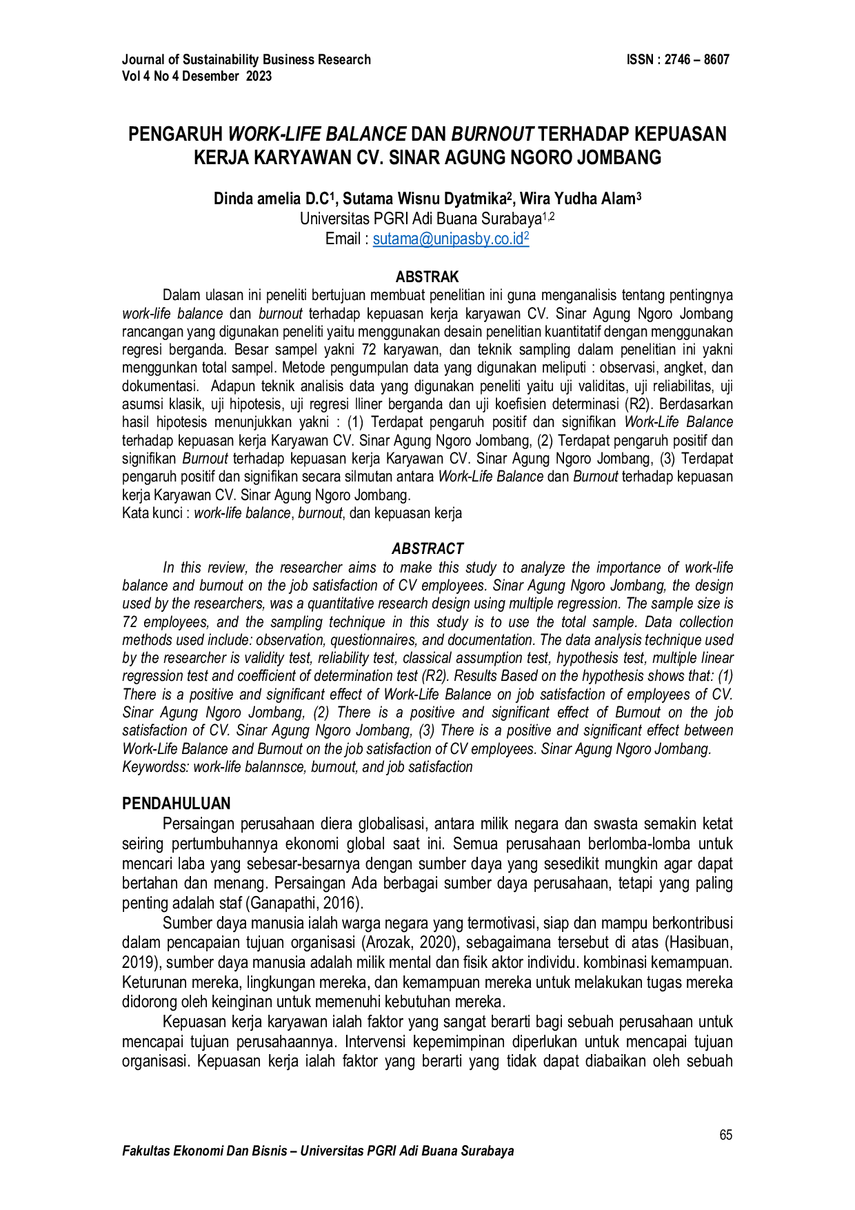 JURIS Pengaruh Work Life Balance Dan Burnout Terhadap Kepuasan Kerja Karyawan Cv Sinar Agung Ngoro Jombang