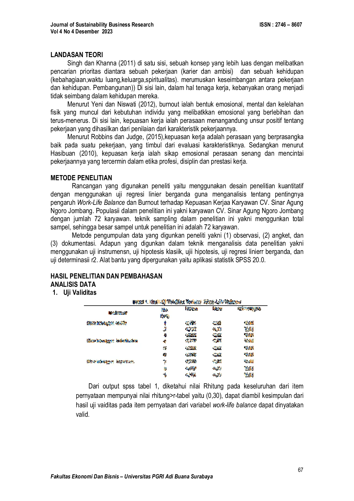 JURIS Pengaruh Work Life Balance Dan Burnout Terhadap Kepuasan Kerja Karyawan Cv Sinar Agung Ngoro Jombang