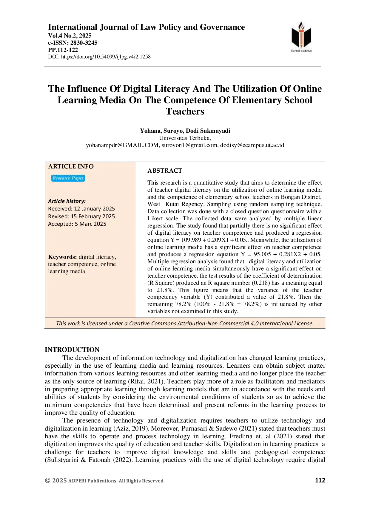 JURIS The Influence Of Digital Literacy And The Utilization Of Online Learning Media On The Competence Of Elementary School Teachers