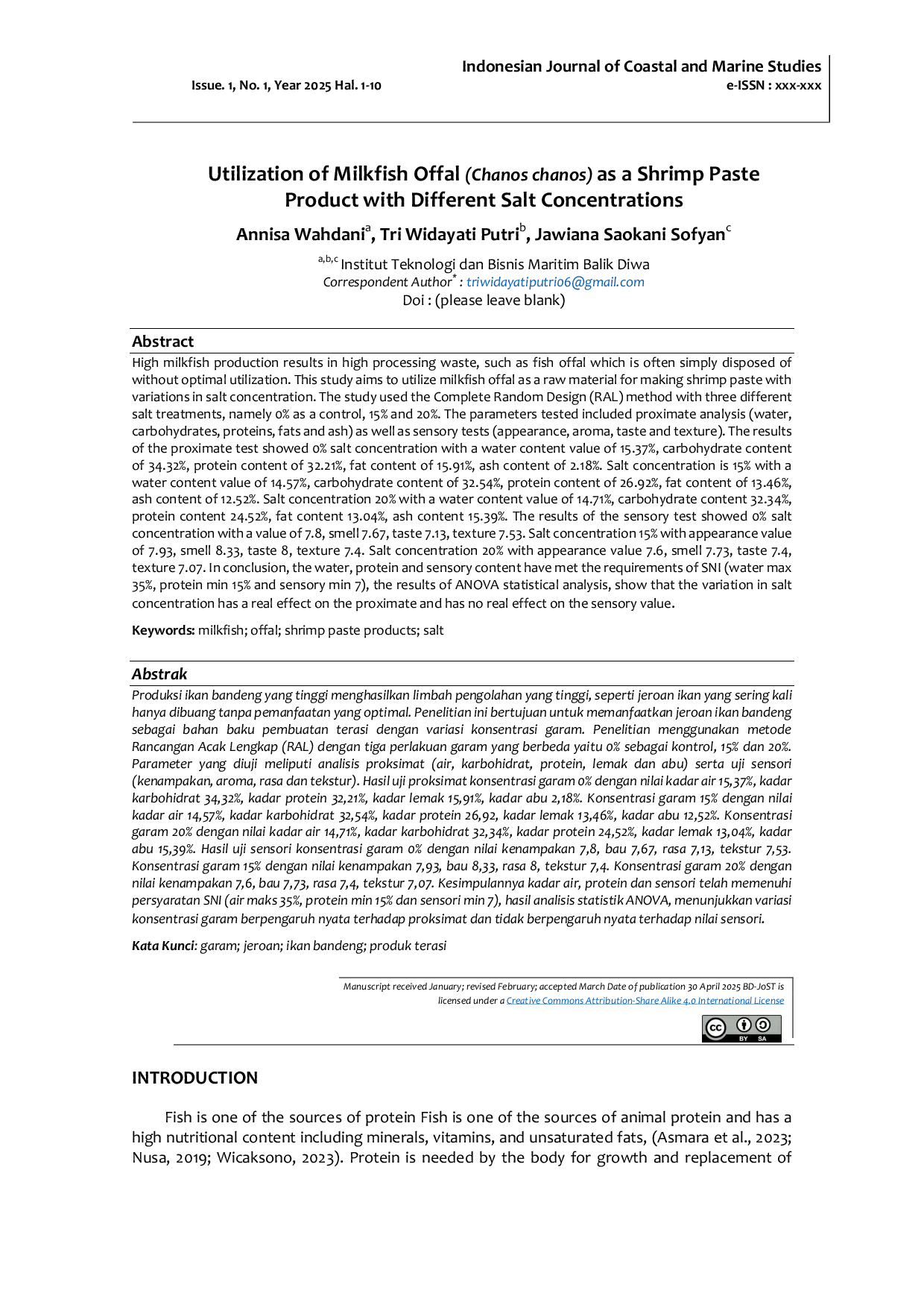 JURIS Utilization of Milkfish Offal Chanos chanos as a Shrimp Paste Product with Different Salt Concentrations