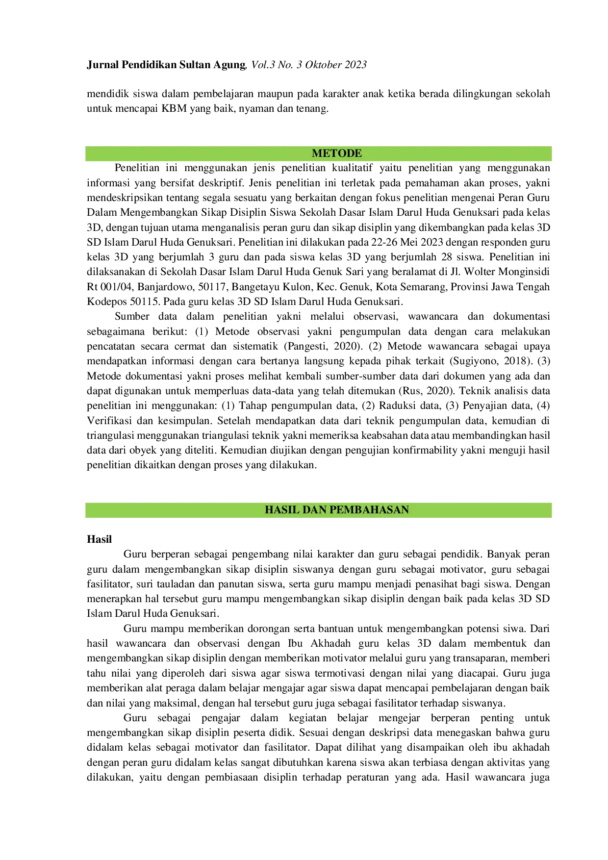 JURIS Analisis Peran Guru dalam Mengembangkan Sikap Disiplin Siswa SD Islam Darul Huda Genuksari