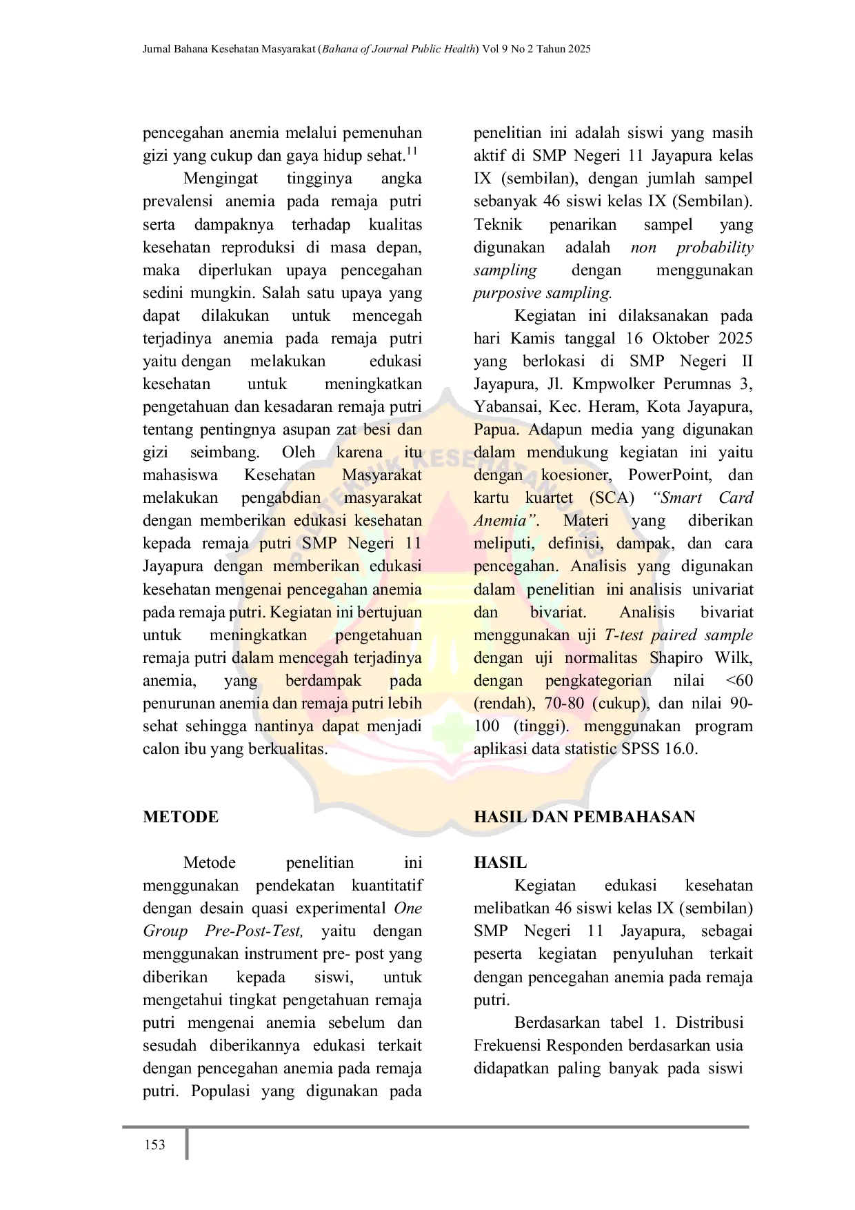 JURIS Anemia Prevention in Adolescent Women REMATRI In State Middle School 11 Jayapura