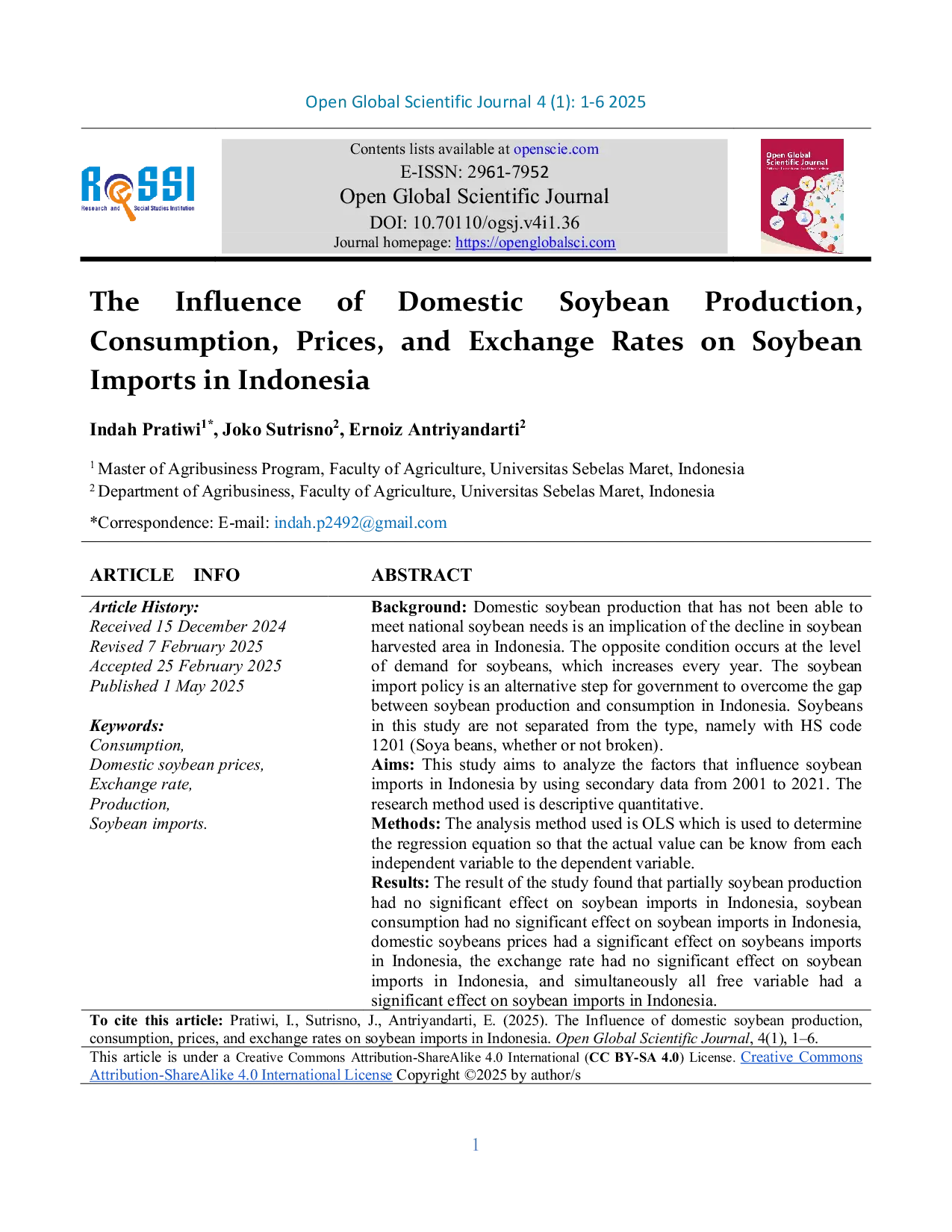 JURIS The Influence of Domestic Soybean Production Consumption Prices and Exchange Rates on Soybean Imports in Indonesia