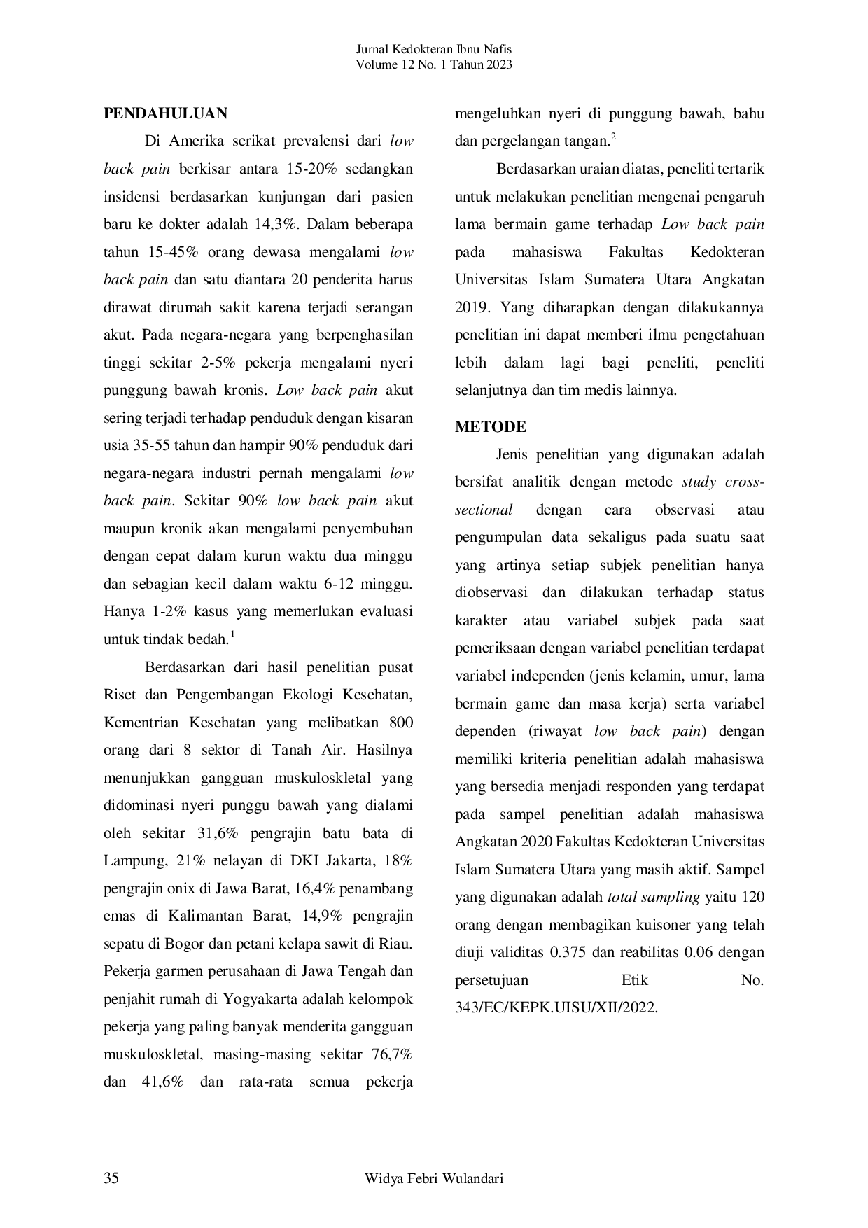 JURIS Pengaruh Lama Bermain Game Terhadap Low Back Pain Pada Mahasiswa Angkatan 2020 Di Fk Uisu