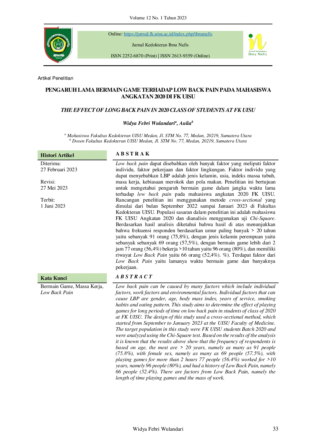 JURIS Pengaruh Lama Bermain Game Terhadap Low Back Pain Pada Mahasiswa Angkatan 2020 Di Fk Uisu