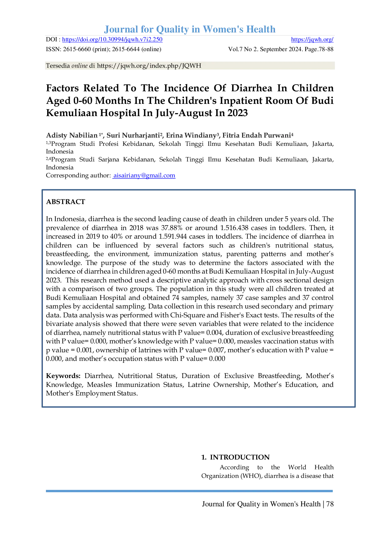 JURIS Factors Related To The Incidence Of Diarrhea In Children Aged 0 60 Months In The Children s Inpatient Room Of Budi Kemuliaan Hospital In July August In 2023